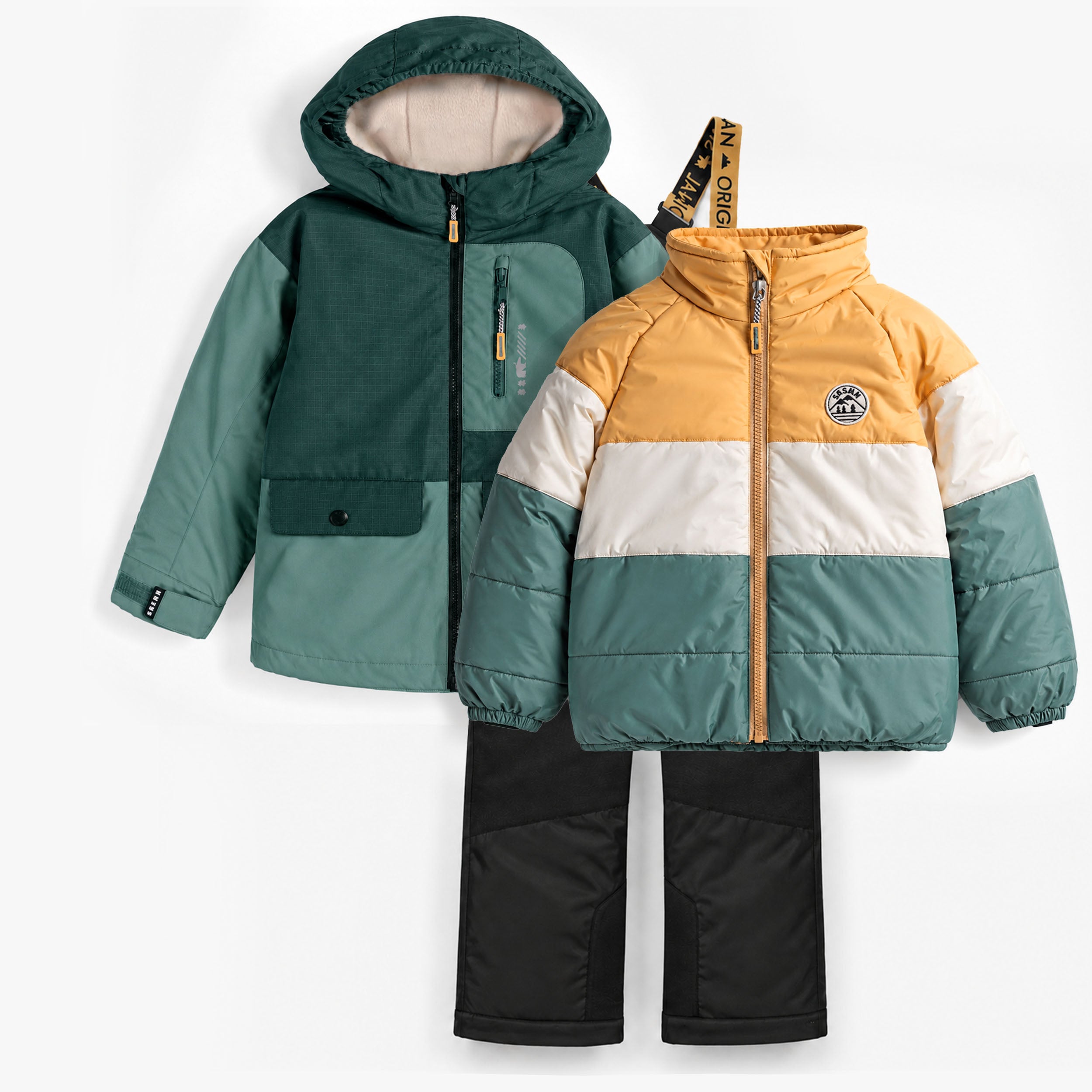 Deux vestes d’hiver enfant colorblock vert et moutarde avec capuche et doublure chaude - Souris Mini