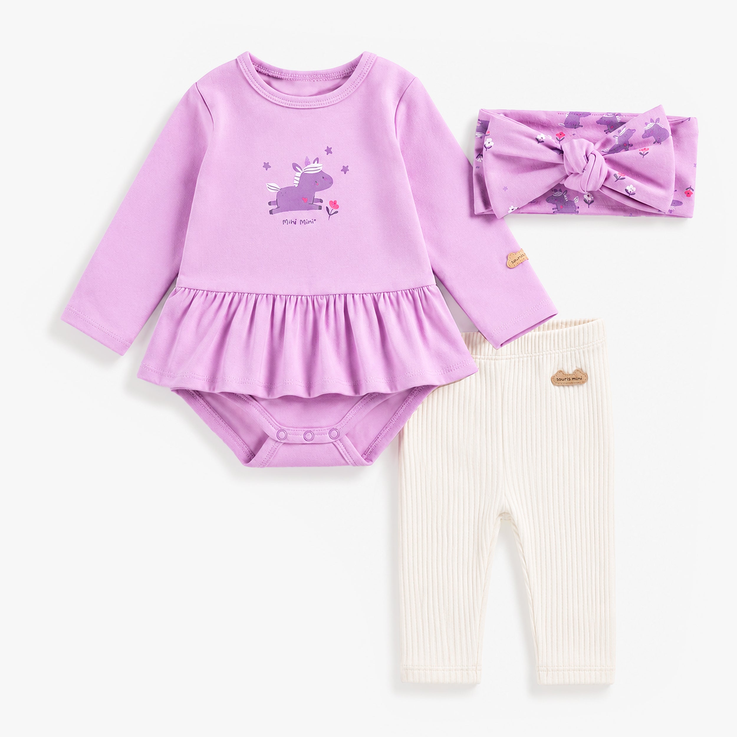 Ensemble trois pièces mauve et crème à motif, bébé fille