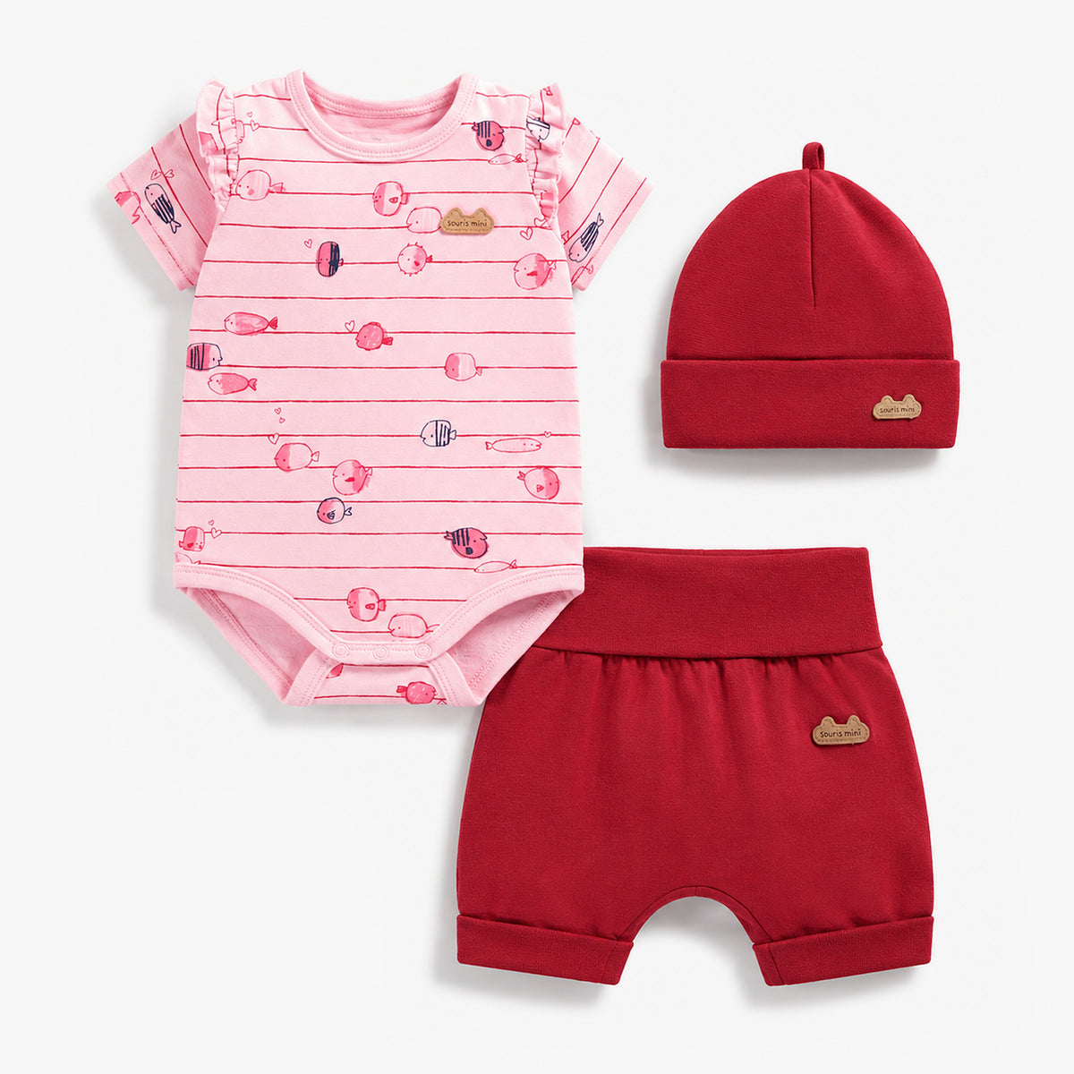Pink and red printed three-piece set, baby