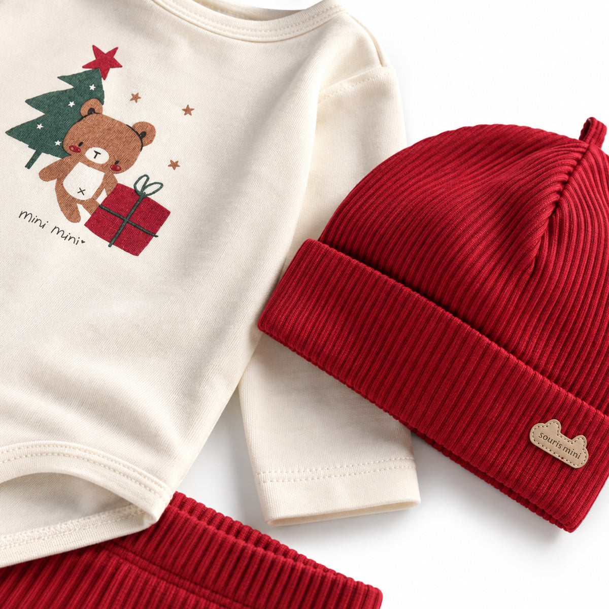 Cream and red three-piece holiday print set, newborn