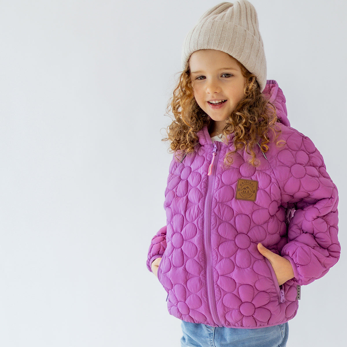 Manteau doudoune mauve avec matelassé floral, enfant