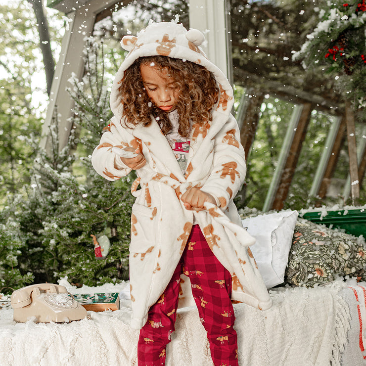 Pyjama des fêtes crème et rouge à motif en coton, enfant || Cream and red patterned holiday pajama in cotton, child