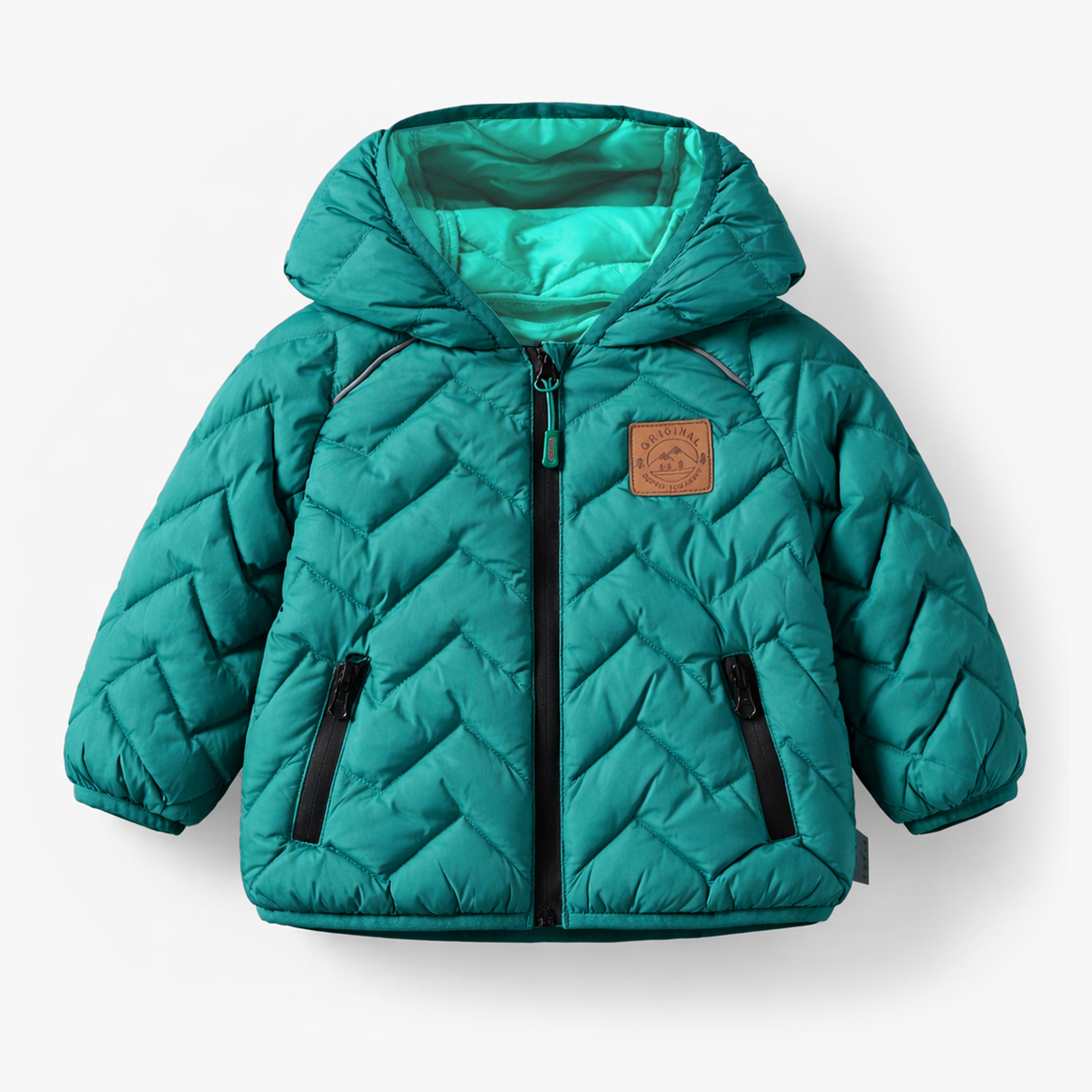 Turquoise puffer jacket with chevron quilting, baby