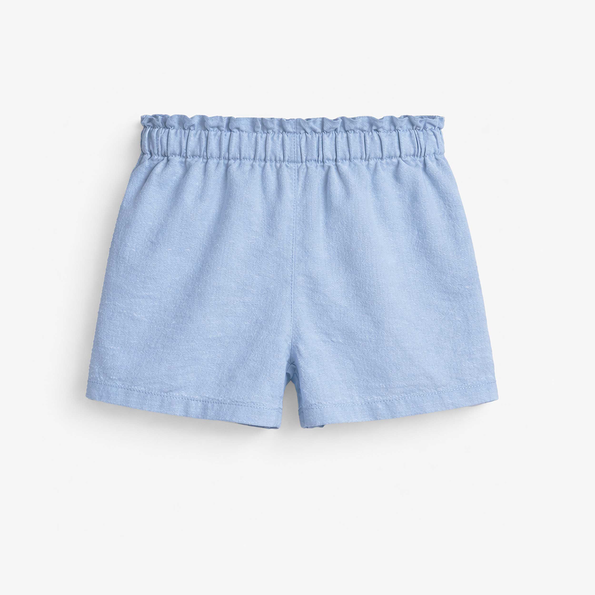 Dos du short bleu en coton et lin, enfant 