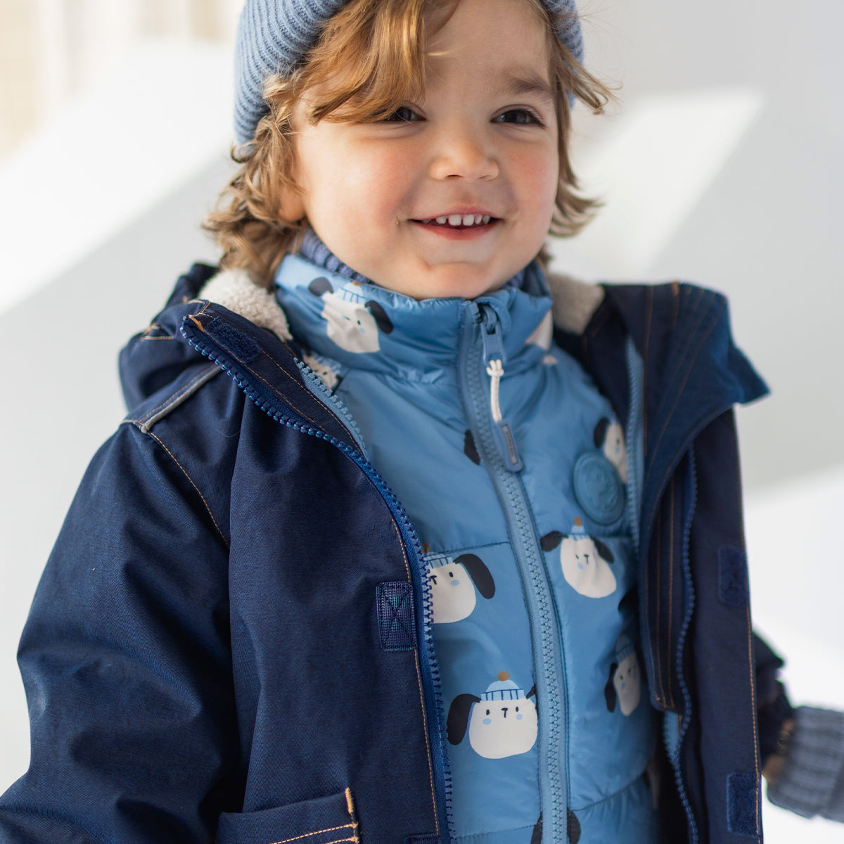 Habit de neige 3 en 1 bleu denim et ocre, bébé