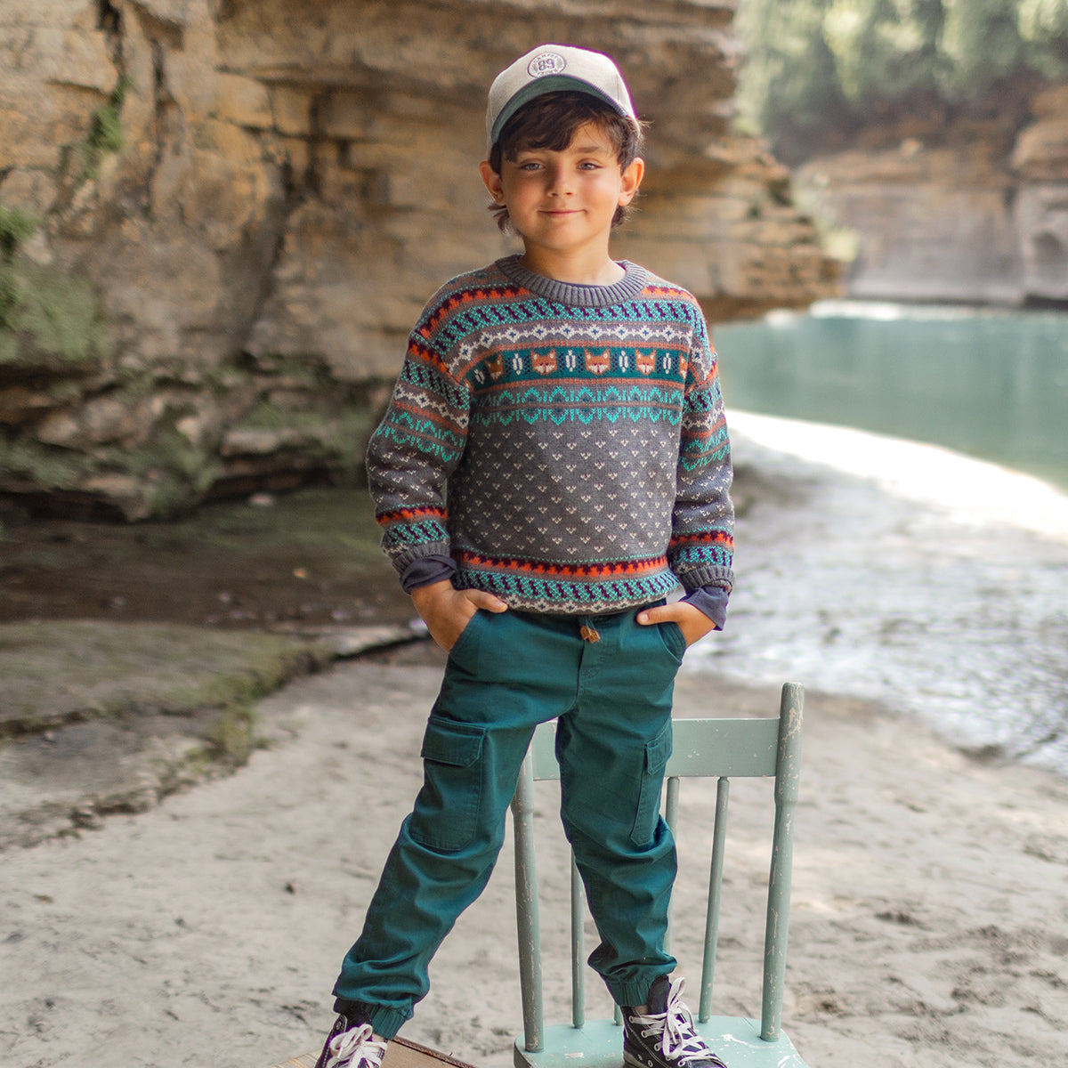 Pantalon cargo turquoise en jean extensible, enfant