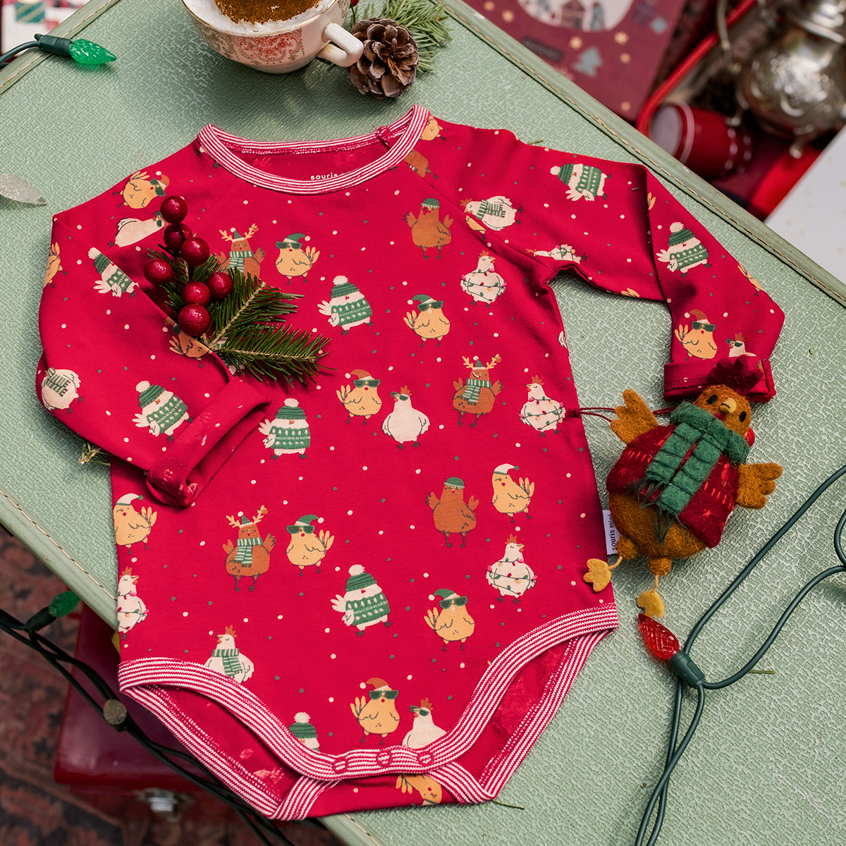 Red christmas chicken print bodysuit, baby