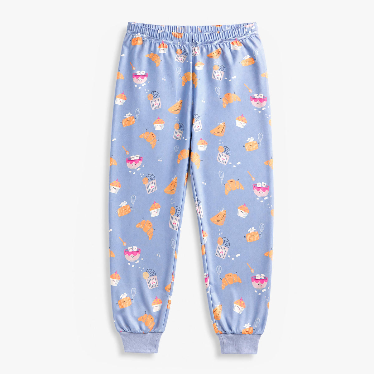 Blue two-piece pajama set with croissant print, child