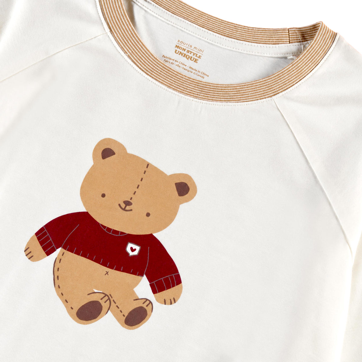 Cream pajama top with teddy bear illustration, adult