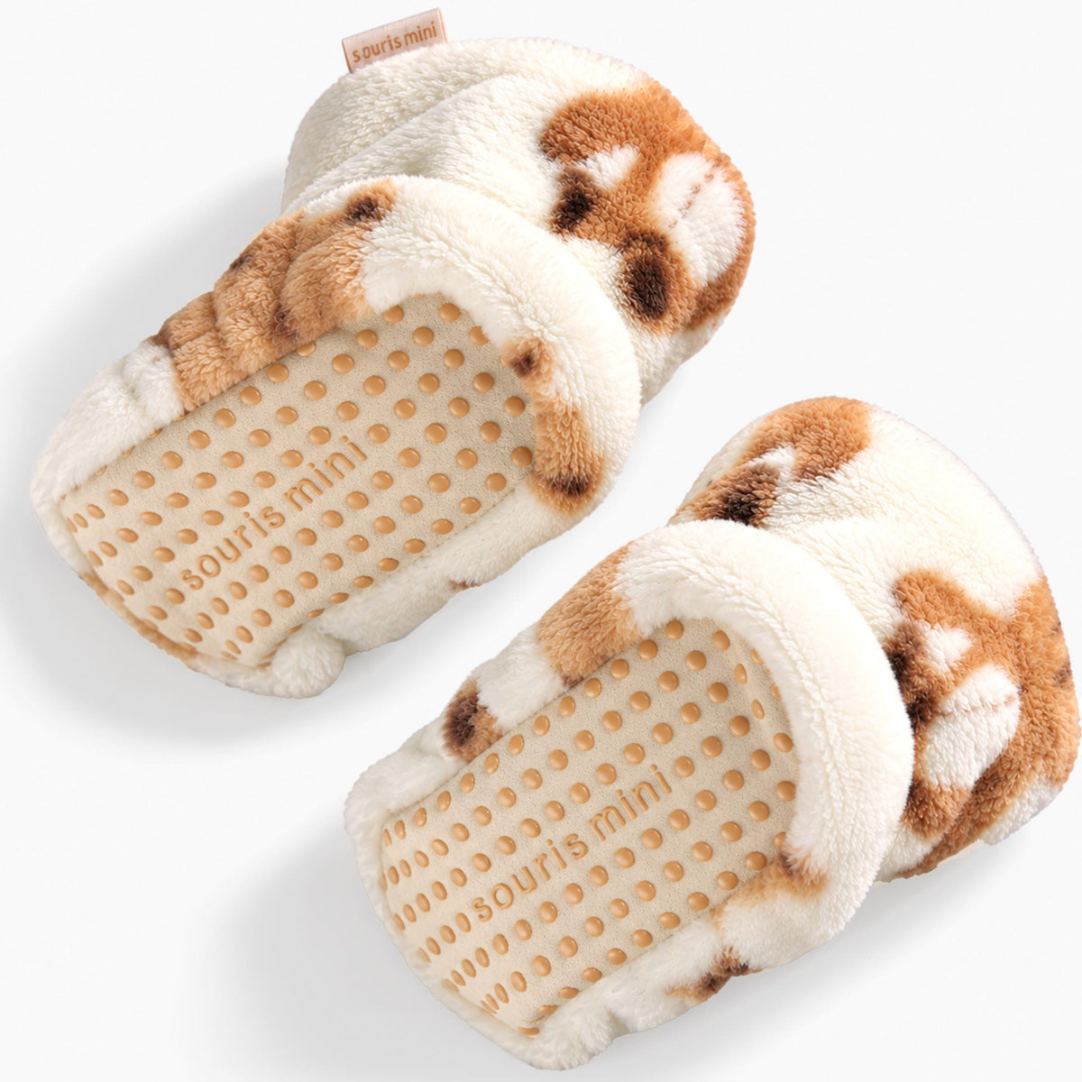 Cream plush slippers with teddy bear design, baby