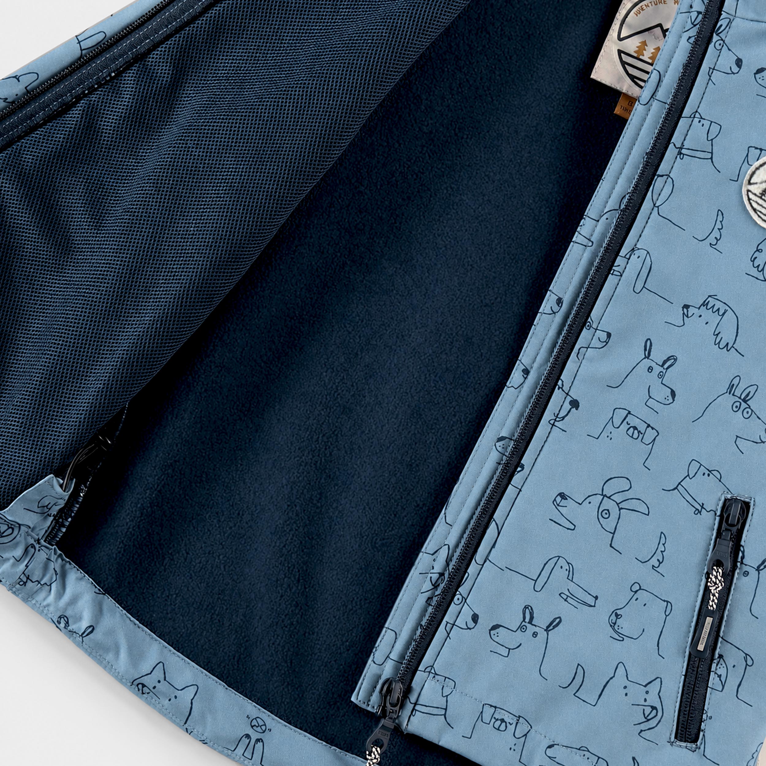 Blue dog print softshell jacket, child