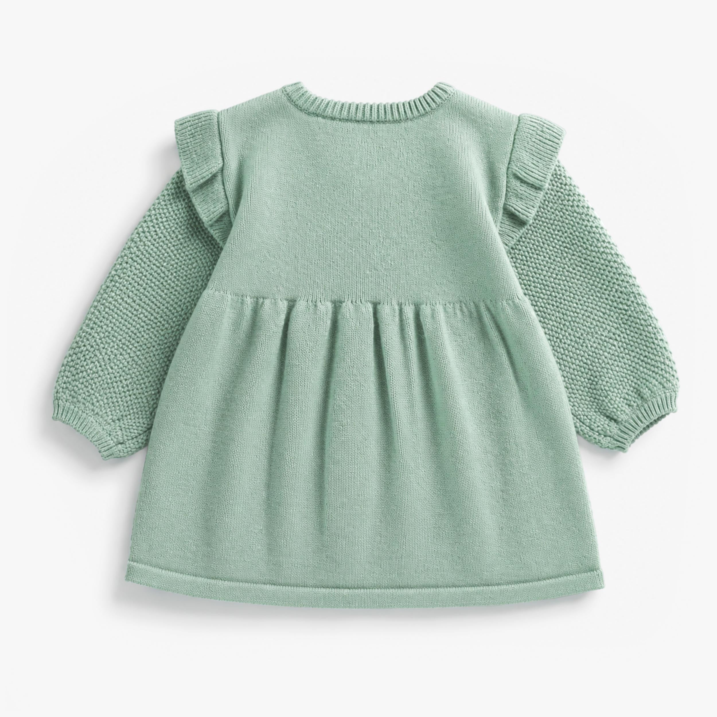 Sage green knit dress with floral embroidery, newborn
