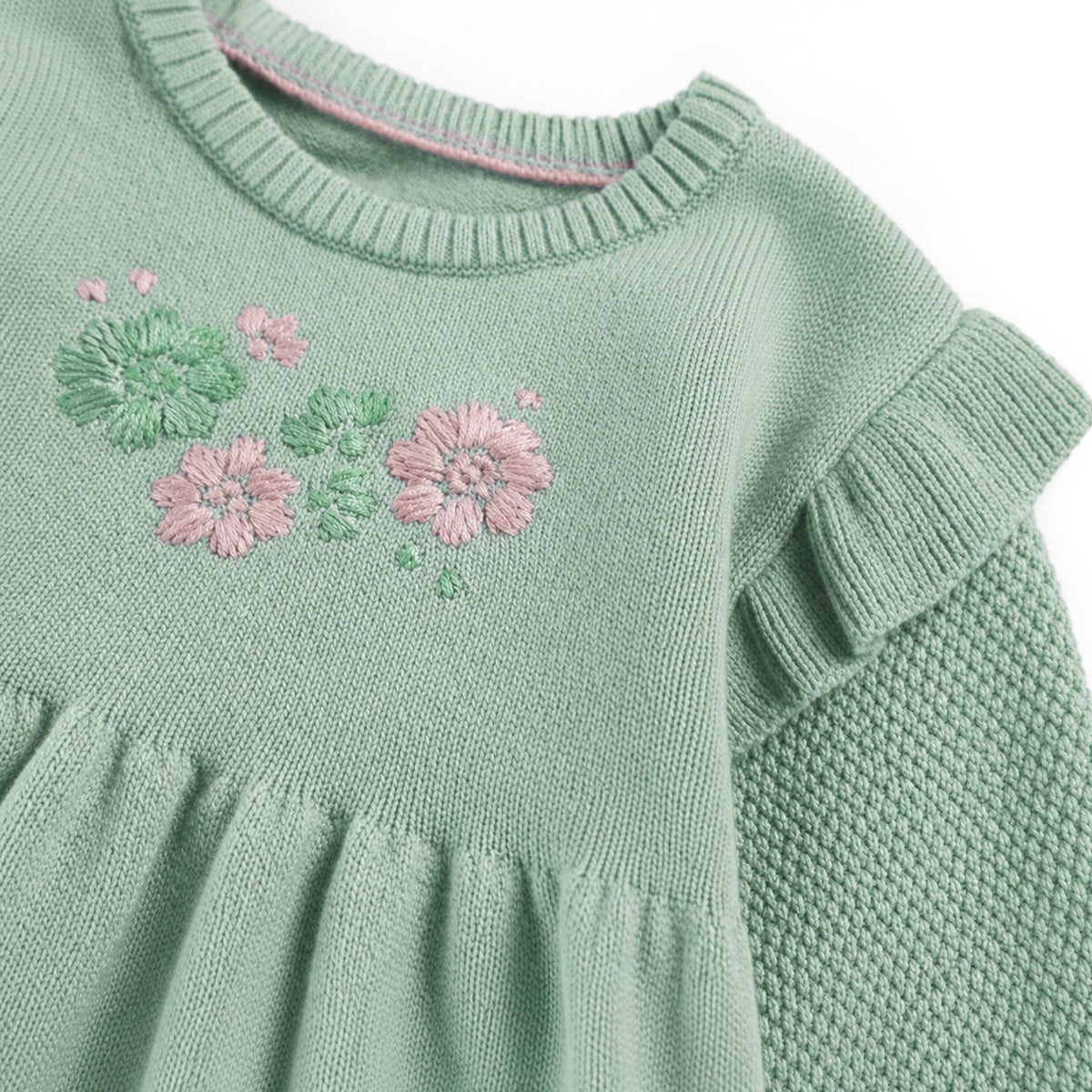 Sage green knit dress with floral embroidery, newborn
