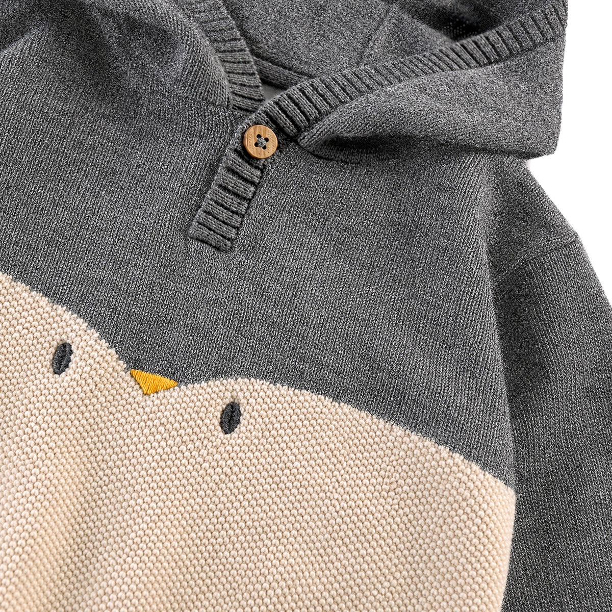 Chandail à capuchon gris à motif de pingouin en tricot, naissance