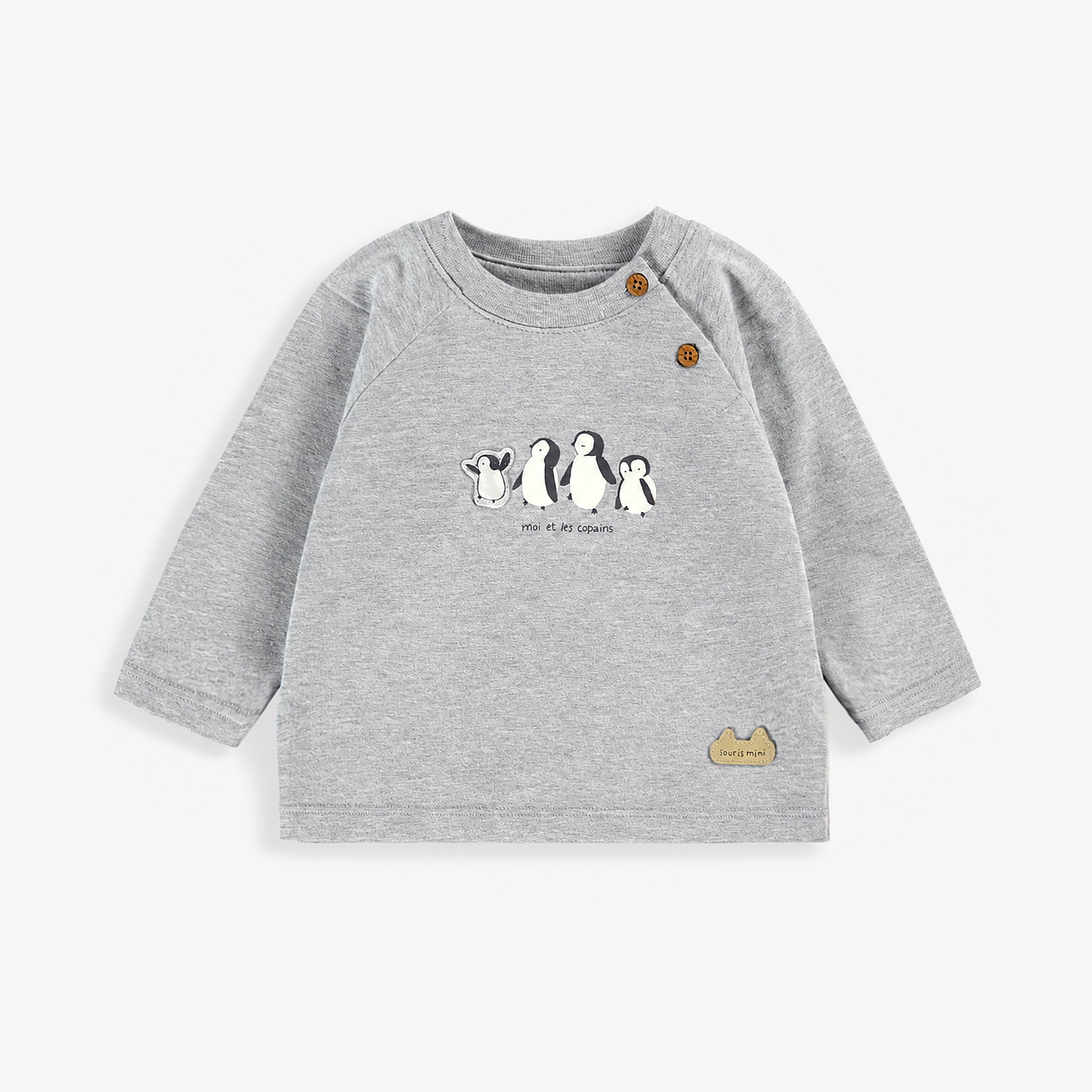 T-shirt gris avec illustration de pingouins, naissance