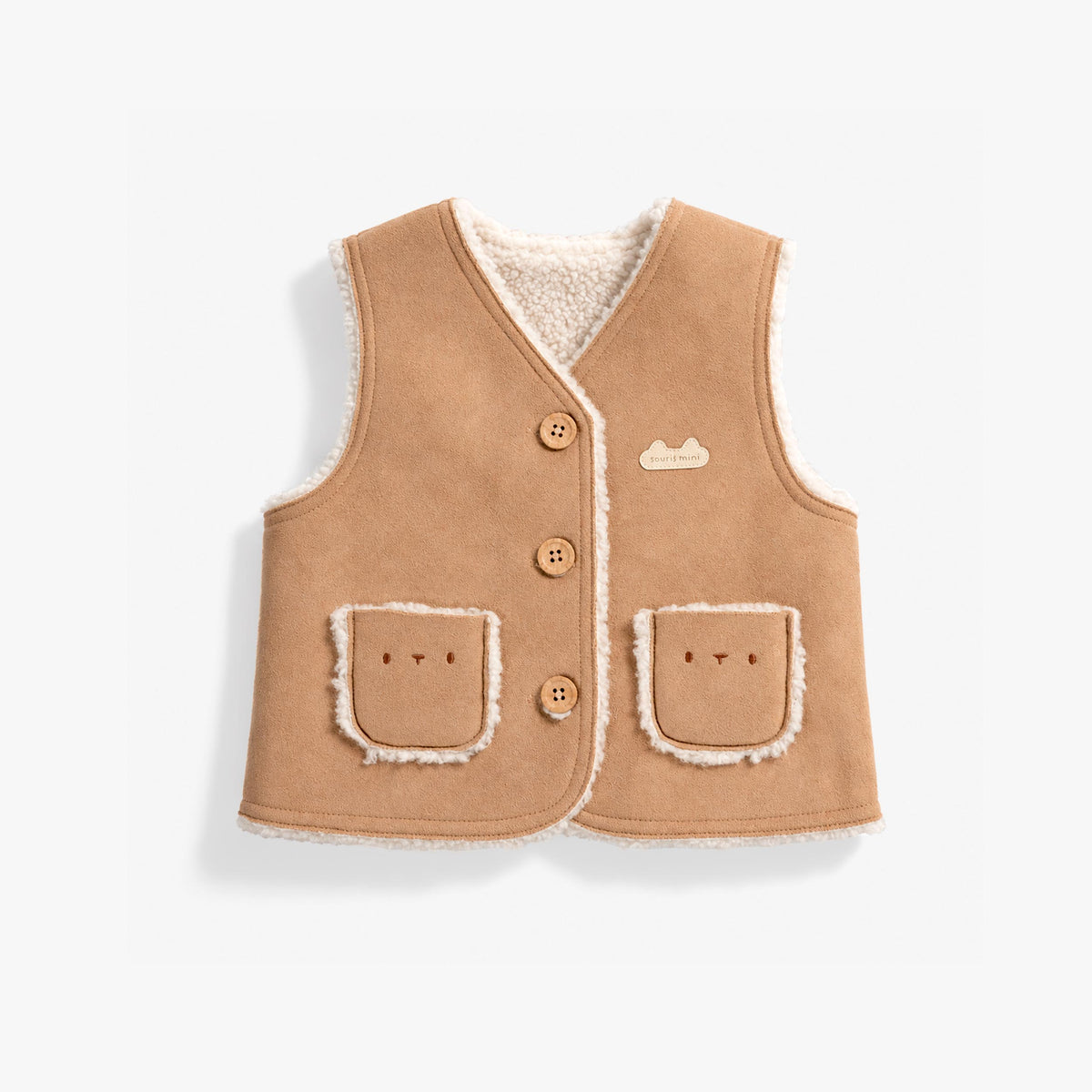 Veste sans manches taupe en suède et sherpa, naissance
