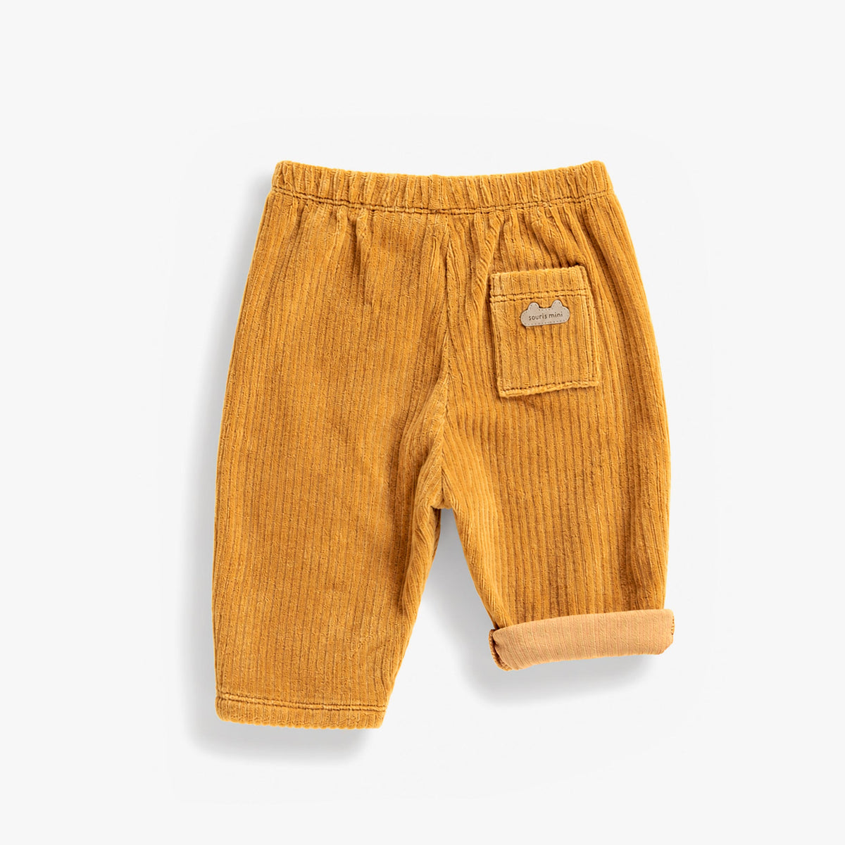Pantalon jaune ocre en velours côtelé extensible, naissance