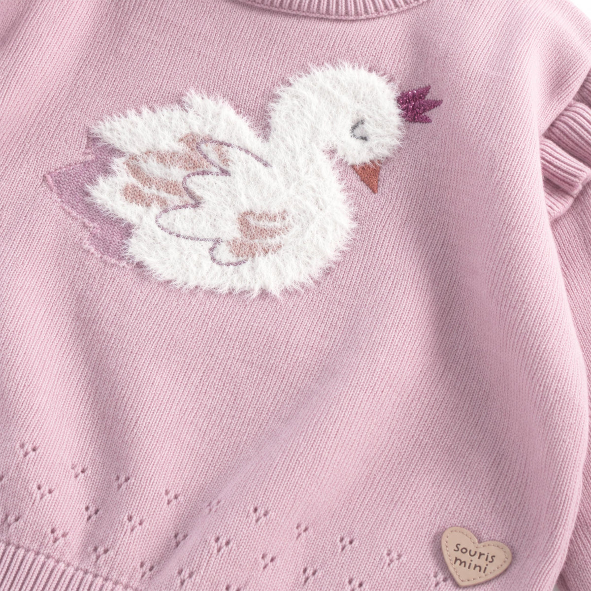 Pink knit sweater with swan illustration, baby