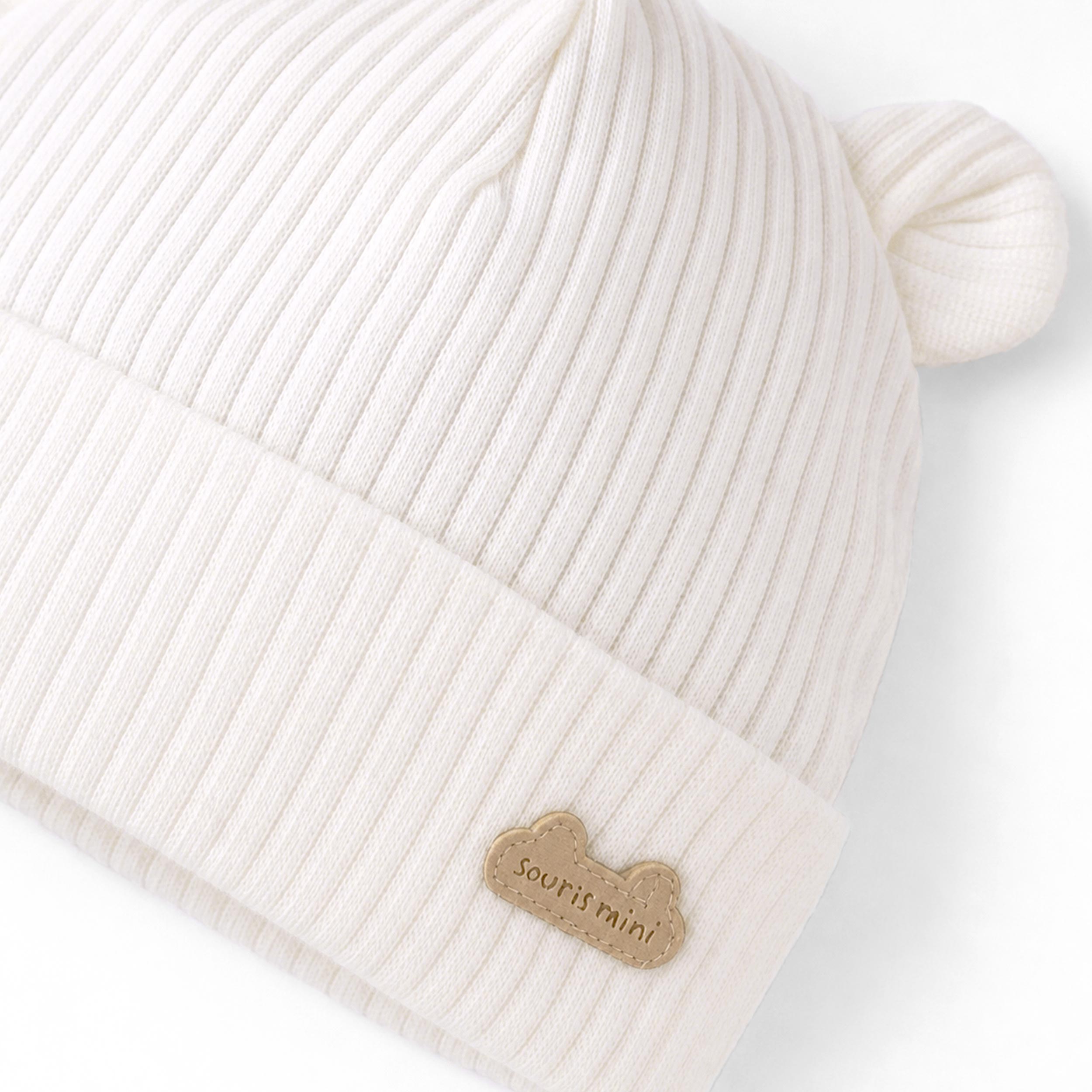 Cream ribbed hat with bear ears, baby