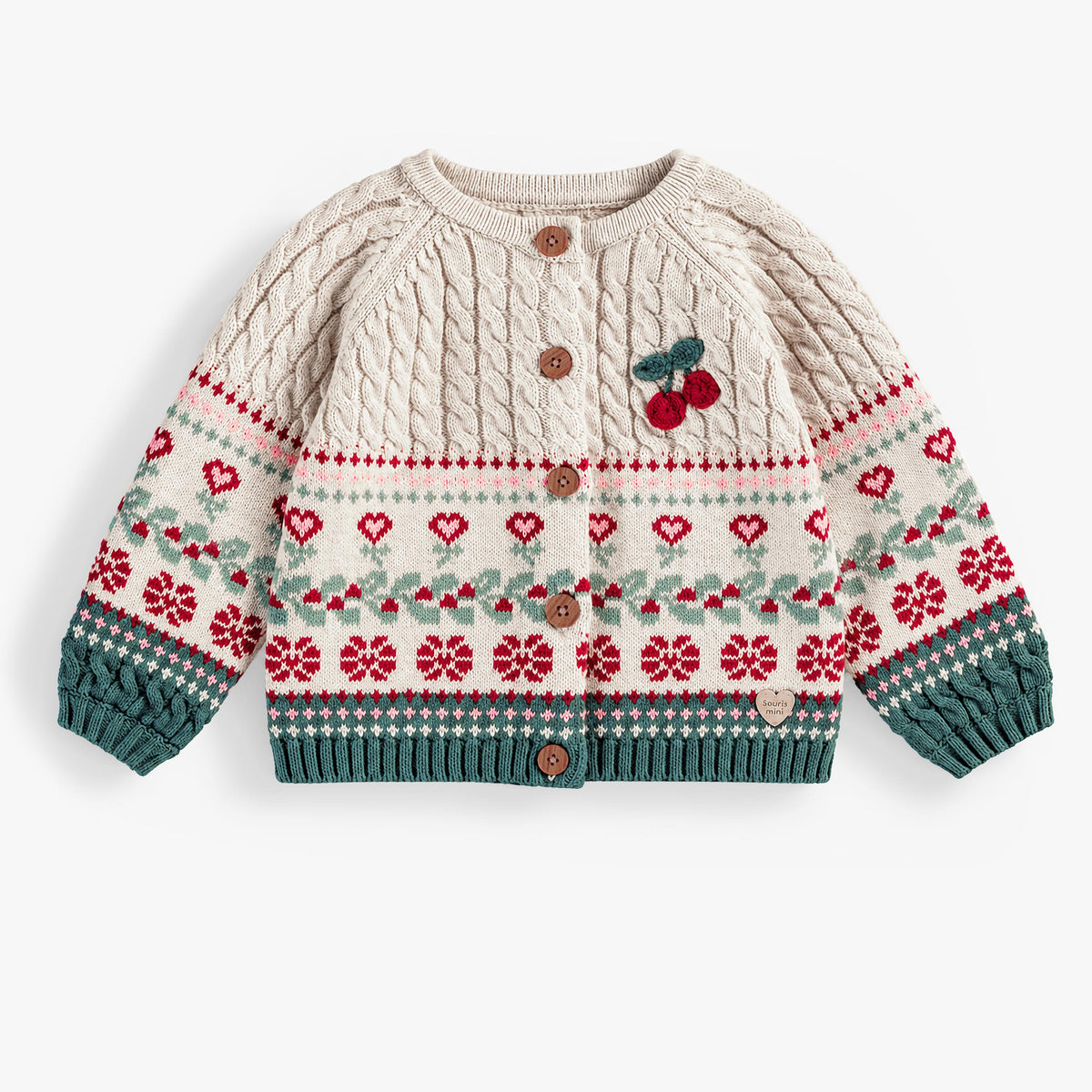 Cream and green holiday knit cardigan, baby