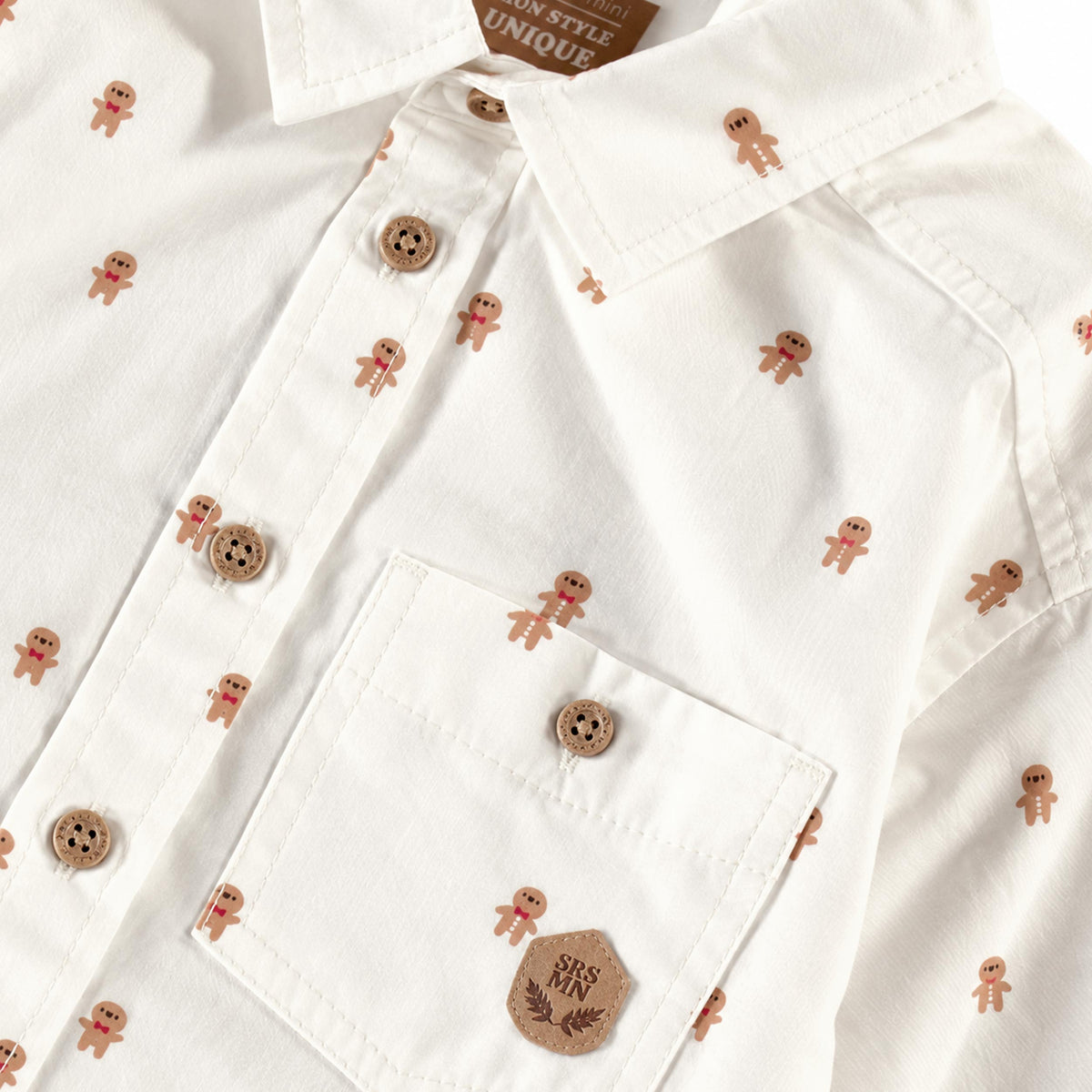 Cream holiday print poplin shirt, baby