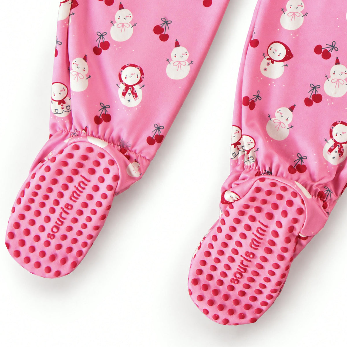 Pink one-piece snowman print pajamas, baby