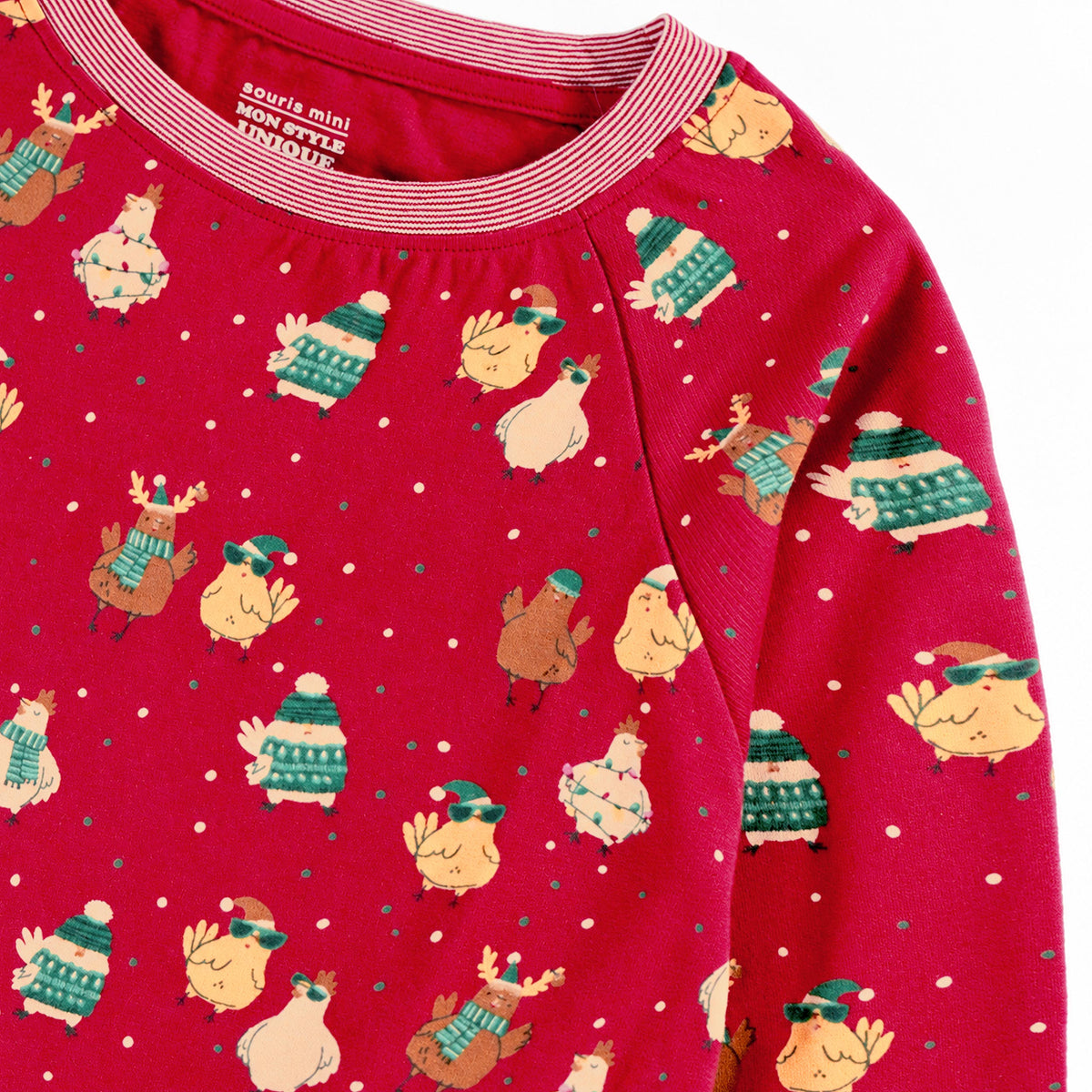 Red cotton christmas pajama top with festive print, adult