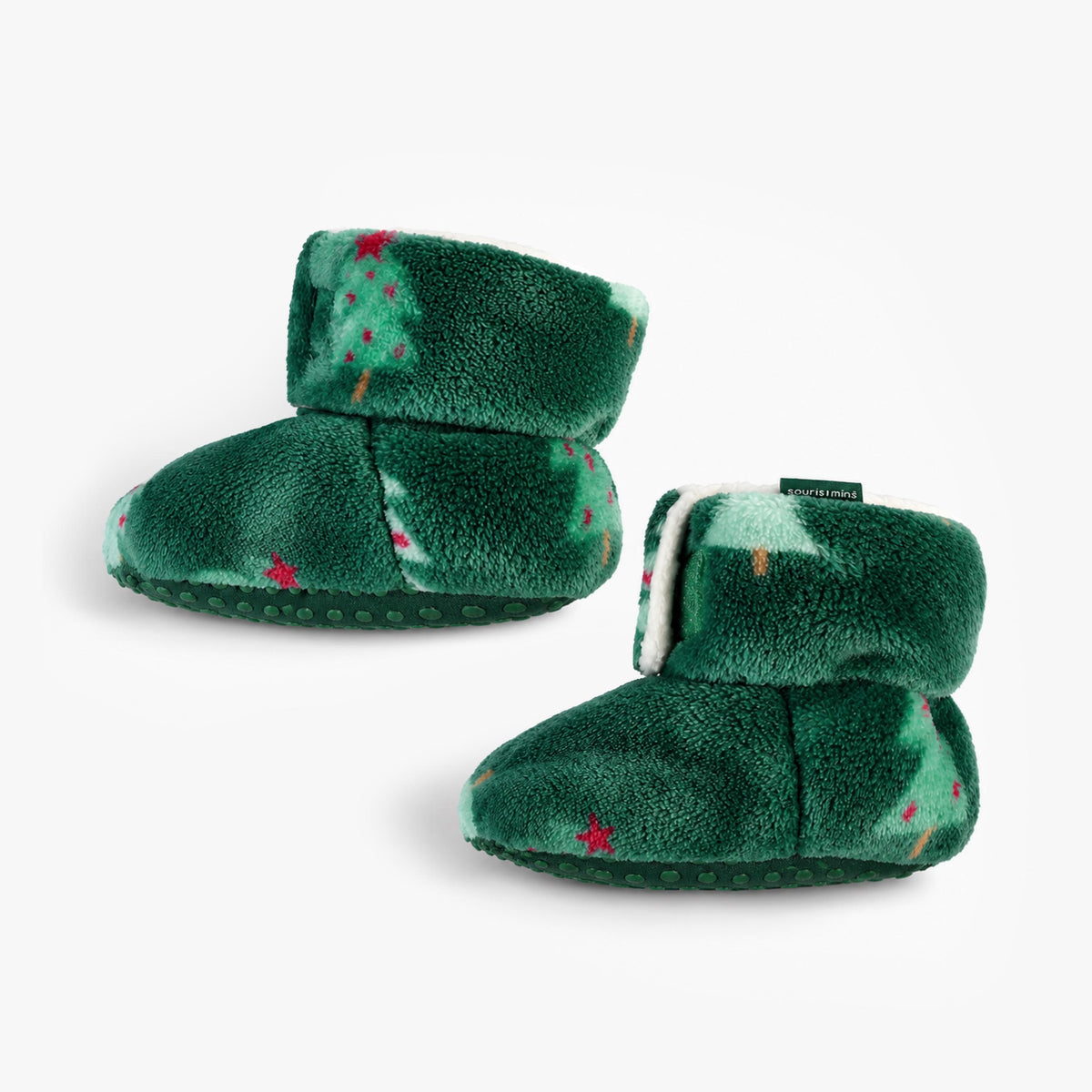 Pantoufles vert forêt en peluche à motifs de sapins, bébé