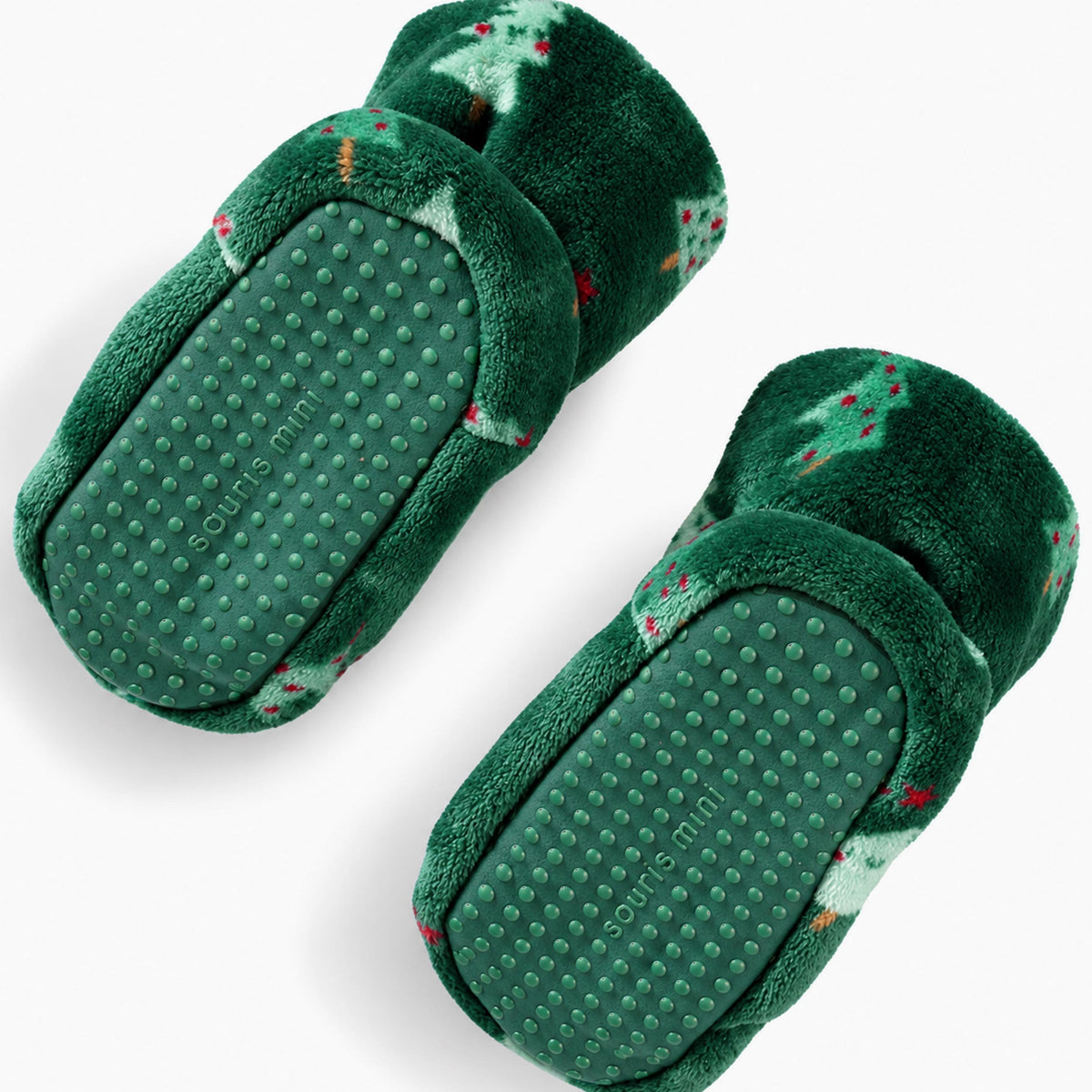 Pantoufles vert forêt en peluche à motifs de sapins, enfant