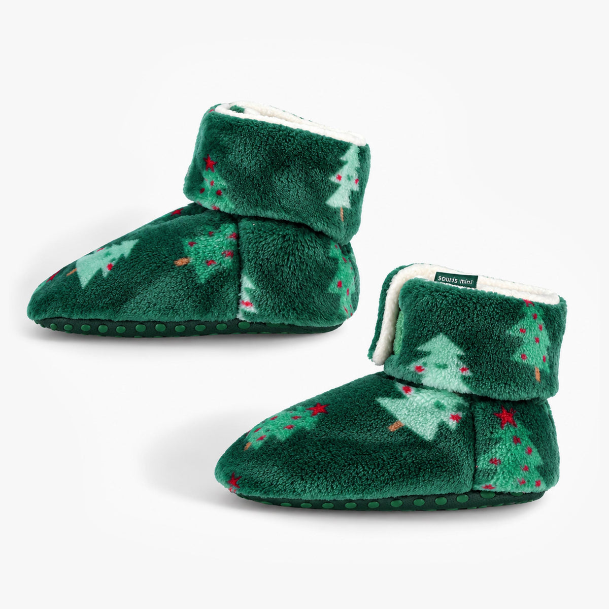 Pantoufles vert forêt en peluche à motifs de sapins, enfant