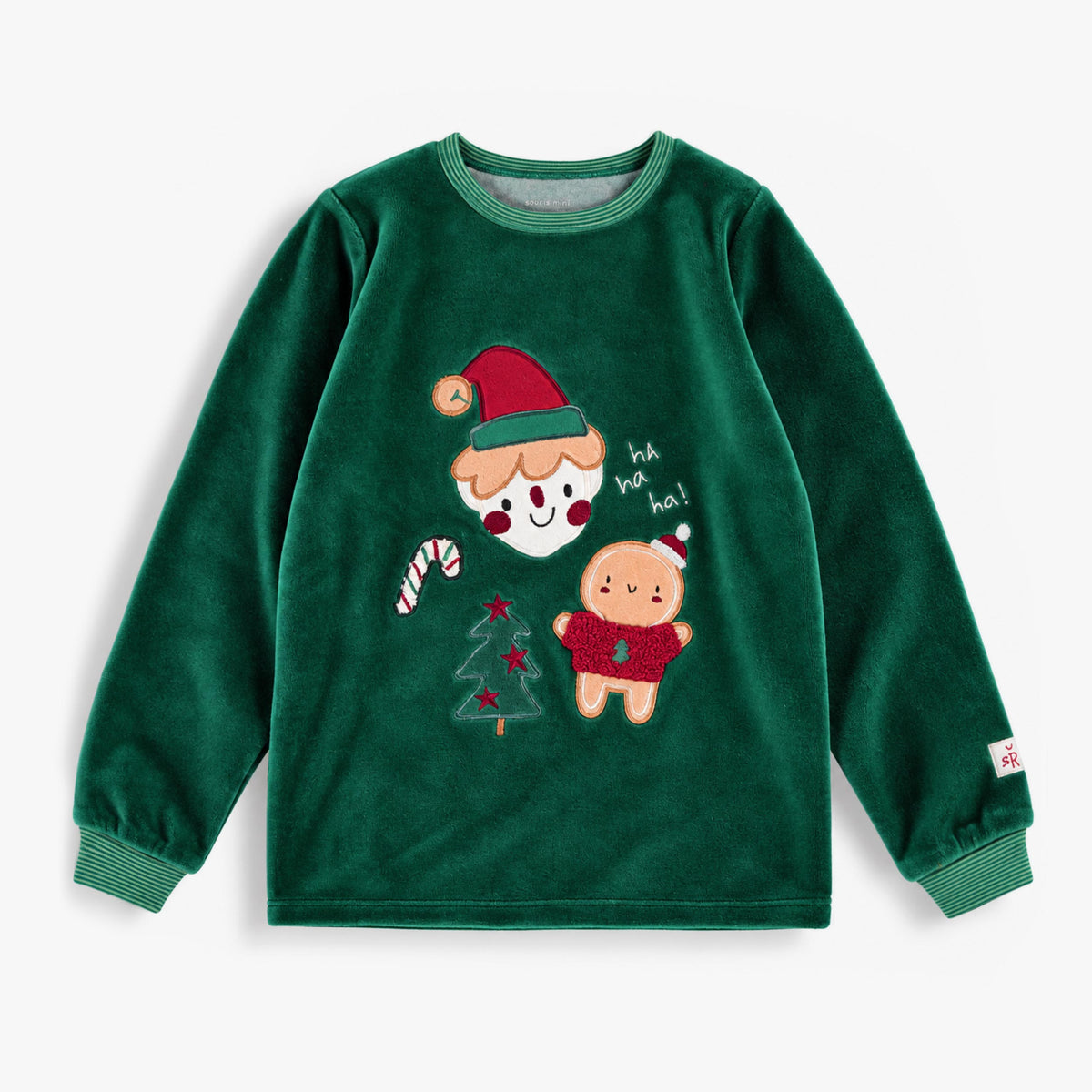 Forest green two-piece holiday velvet pajama set, child