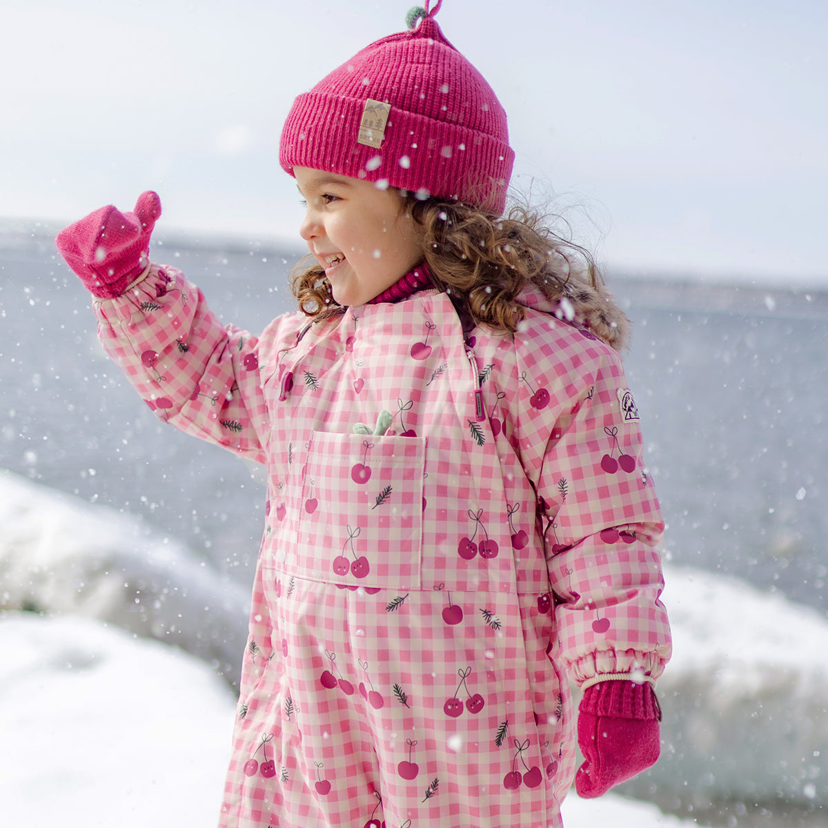 Pink Gingham One-Piece Snowsuit with Print, baby