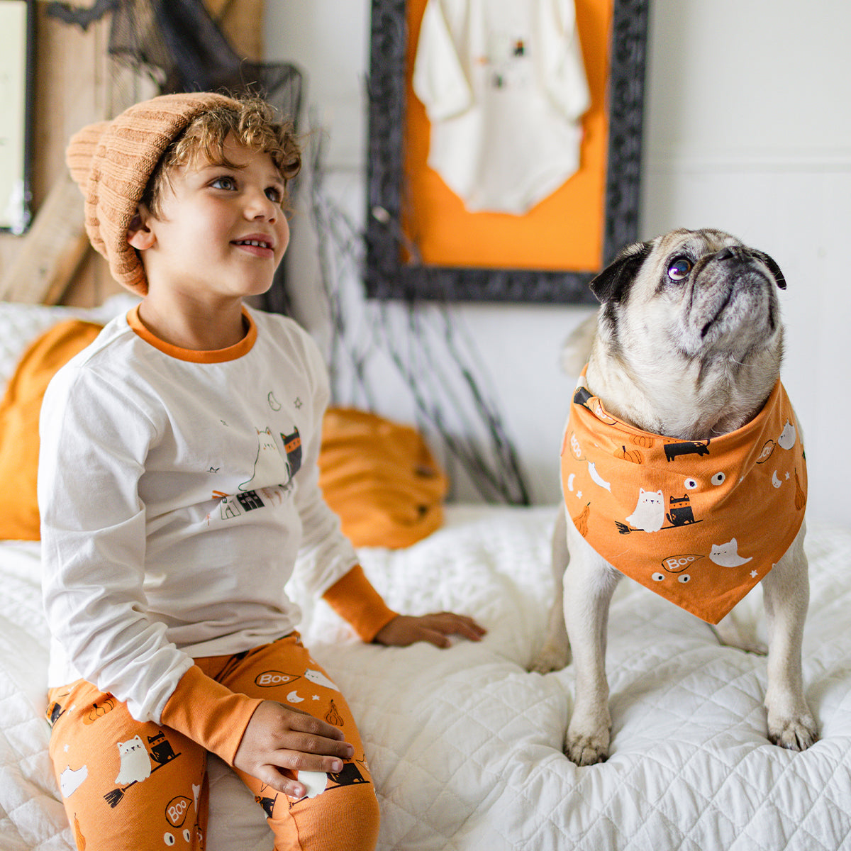 Orange pet scarf with Halloween all over print