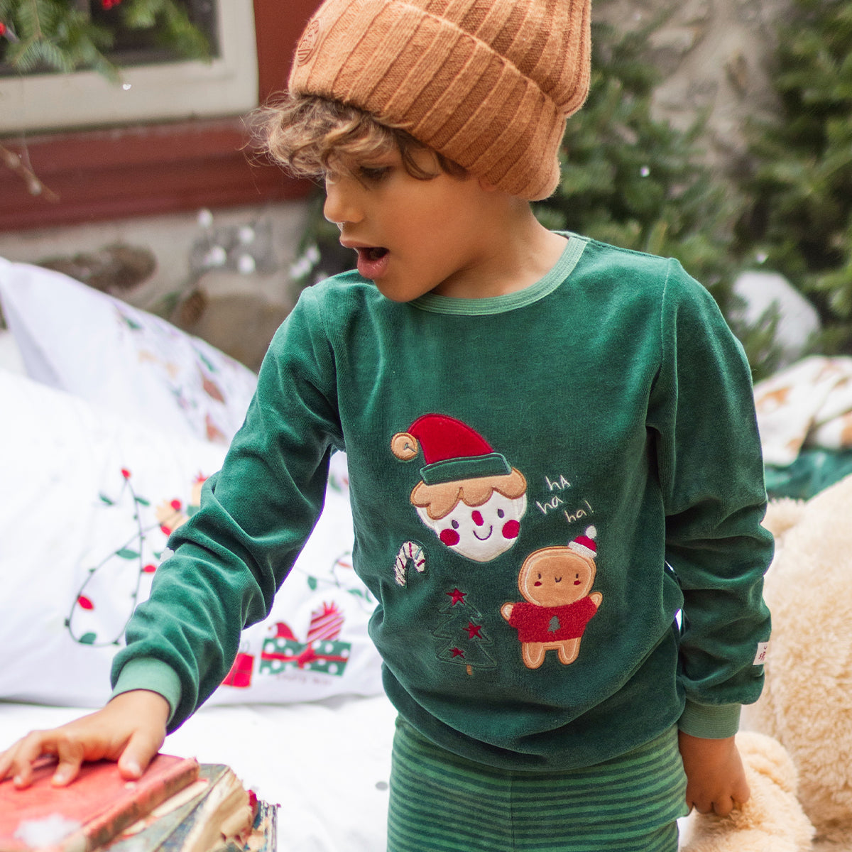 Forest green two-piece holiday velvet pajama set, child