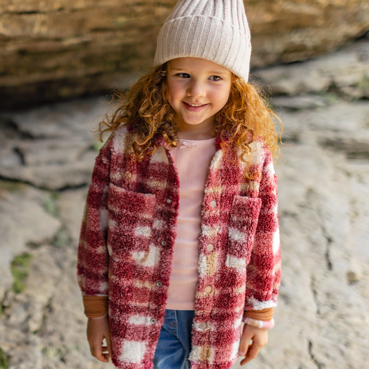 Surchemise en sherpa à carreaux rouge et écru, enfant