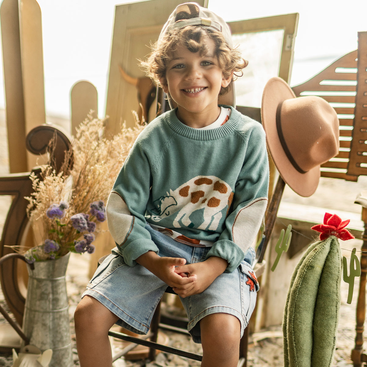 Chandail turquoise en tricot à motif de cheval, enfant