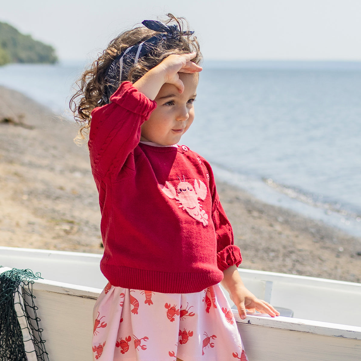 Red knit sweater with lobster, baby