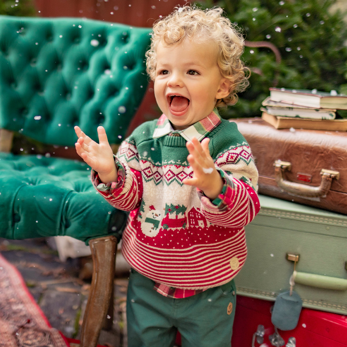 Cream, red and green holiday knit sweater, baby