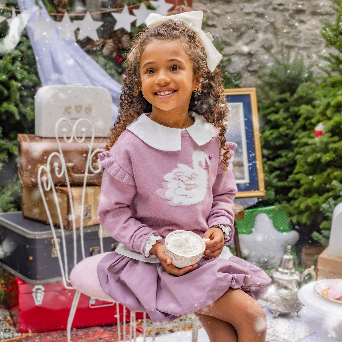 Chandail de maille rose à motif de cygne, enfant
