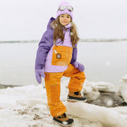 Habit de neige deux pièces mauve et jaune-orange, enfant  || Two-pieces snowsuit purple and yellow-orange, child