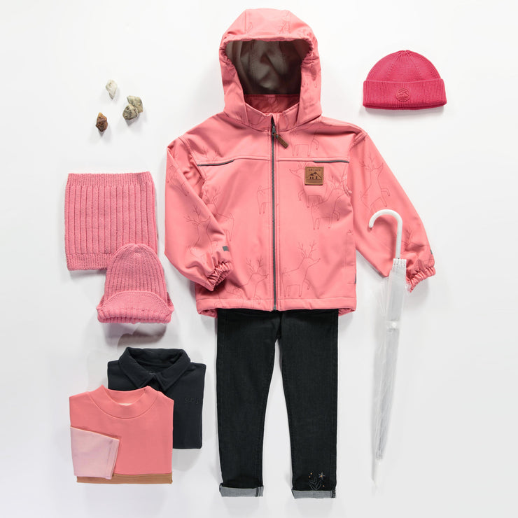 Manteau rose à capuchon en coquille souple avec motif d'animaux, enfant || Pink softshell hooded coat with animal prints, child