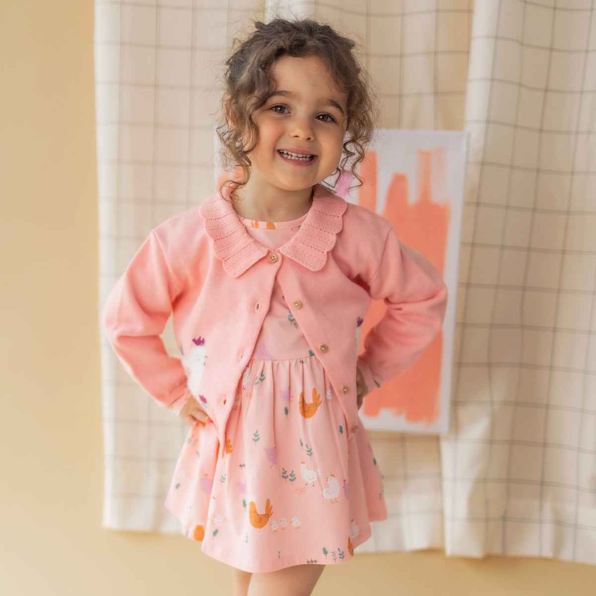 Pink chicken print dress, baby