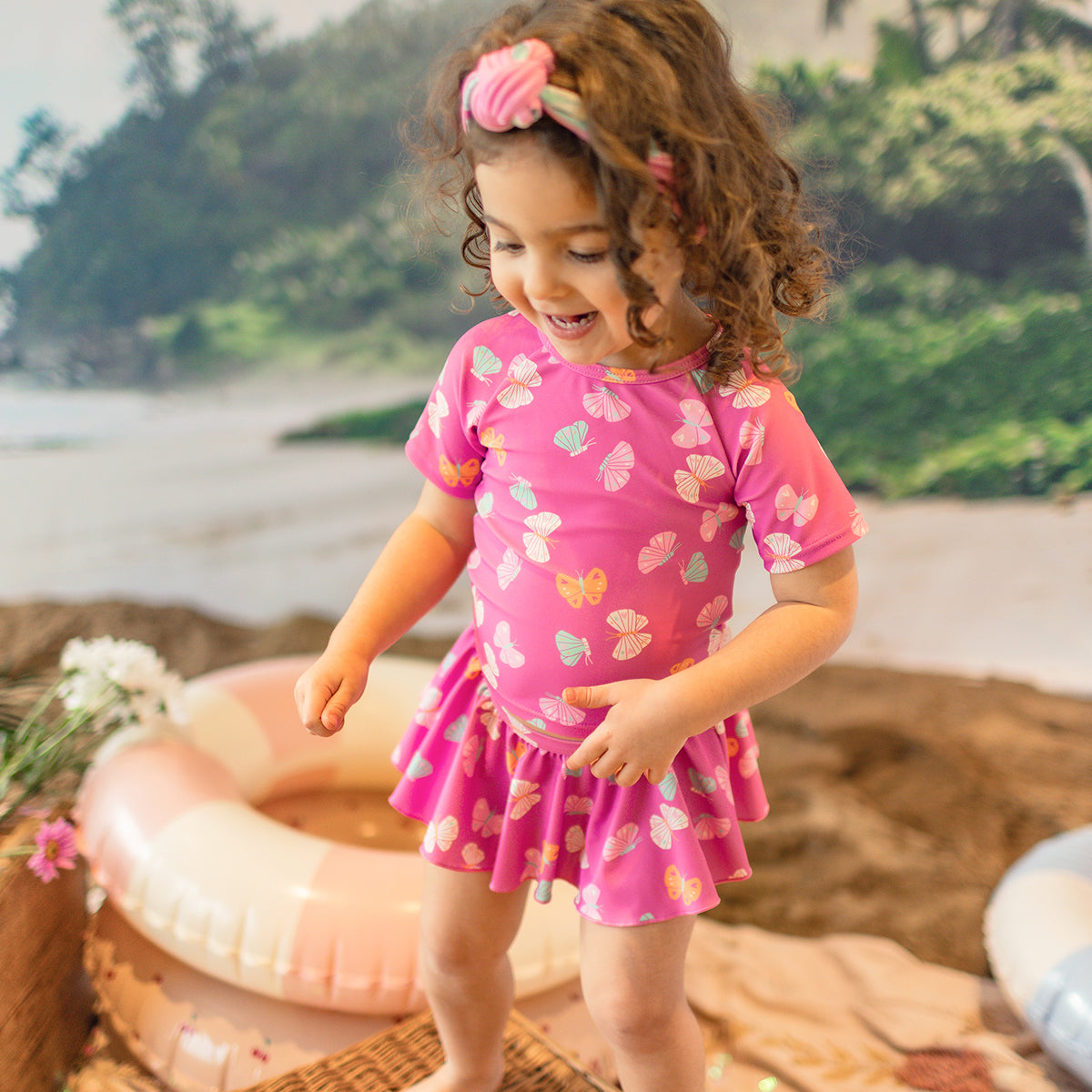 Pink two-piece butterfly-print swimsuit, baby