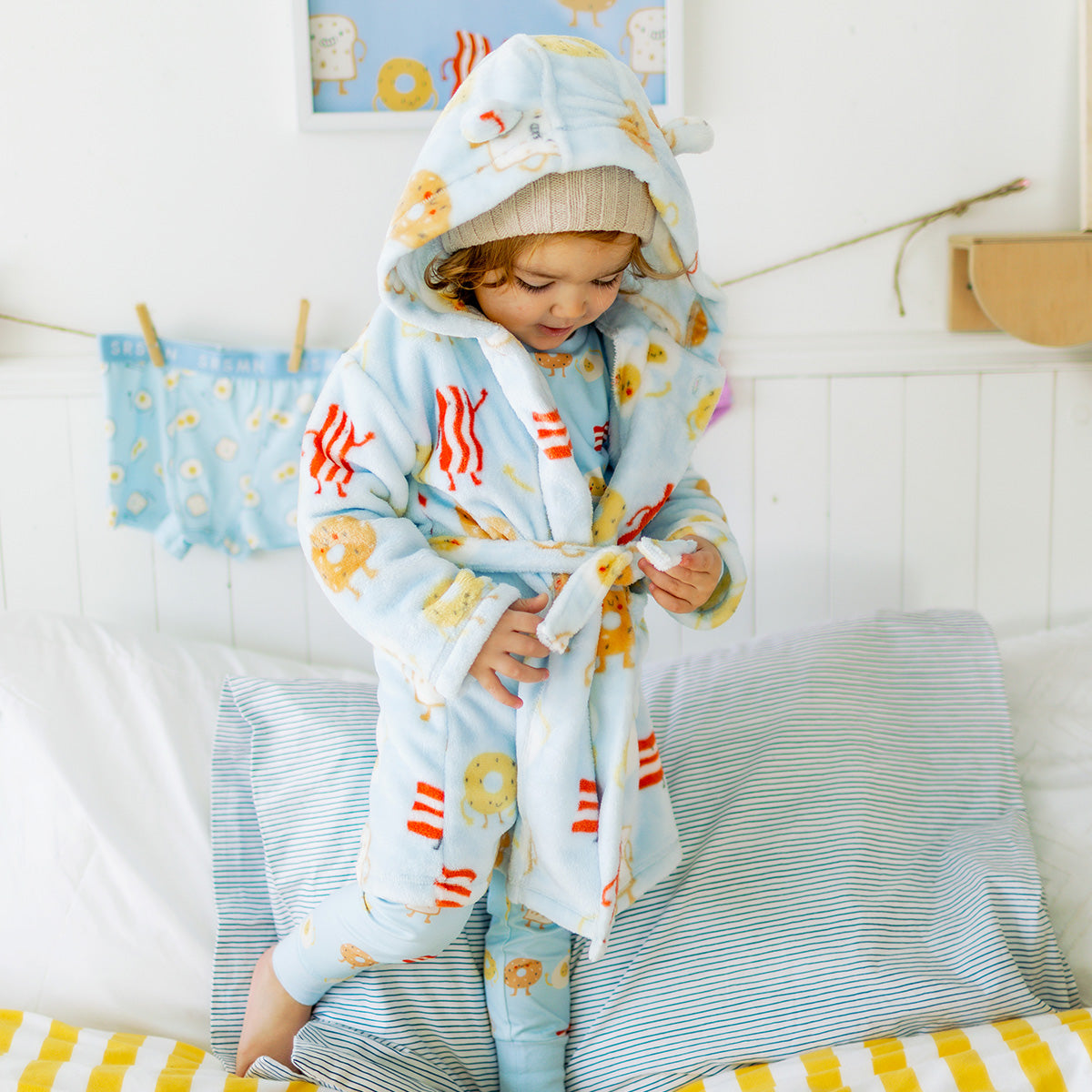 Blue two-piece pajamas with breakfast all over print, baby 
