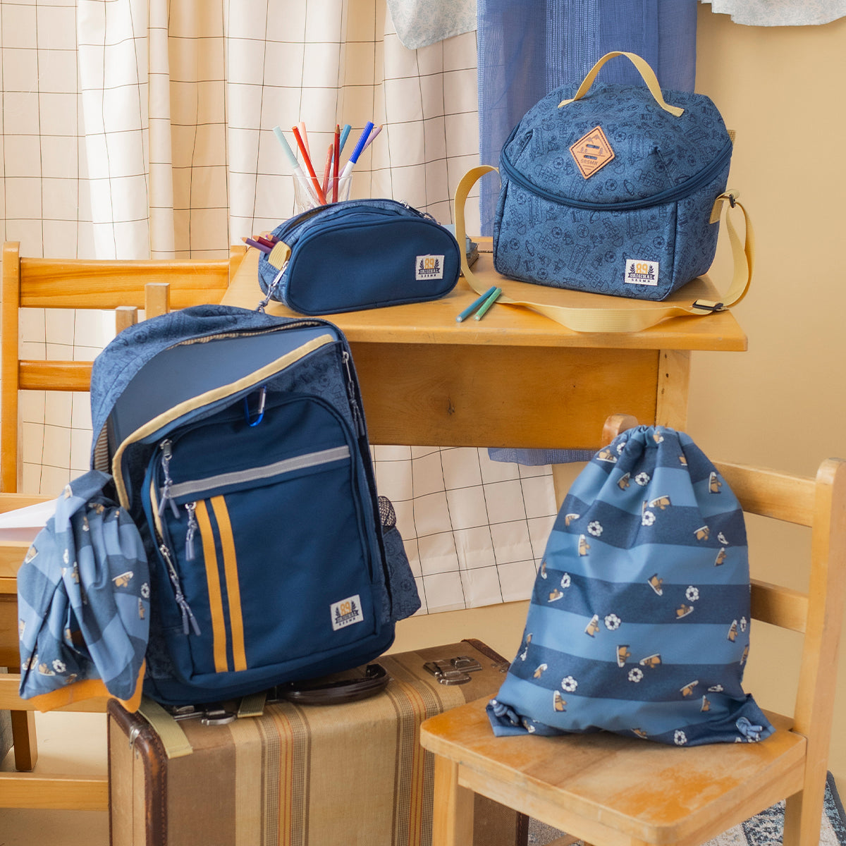 Blue printed double pencil case