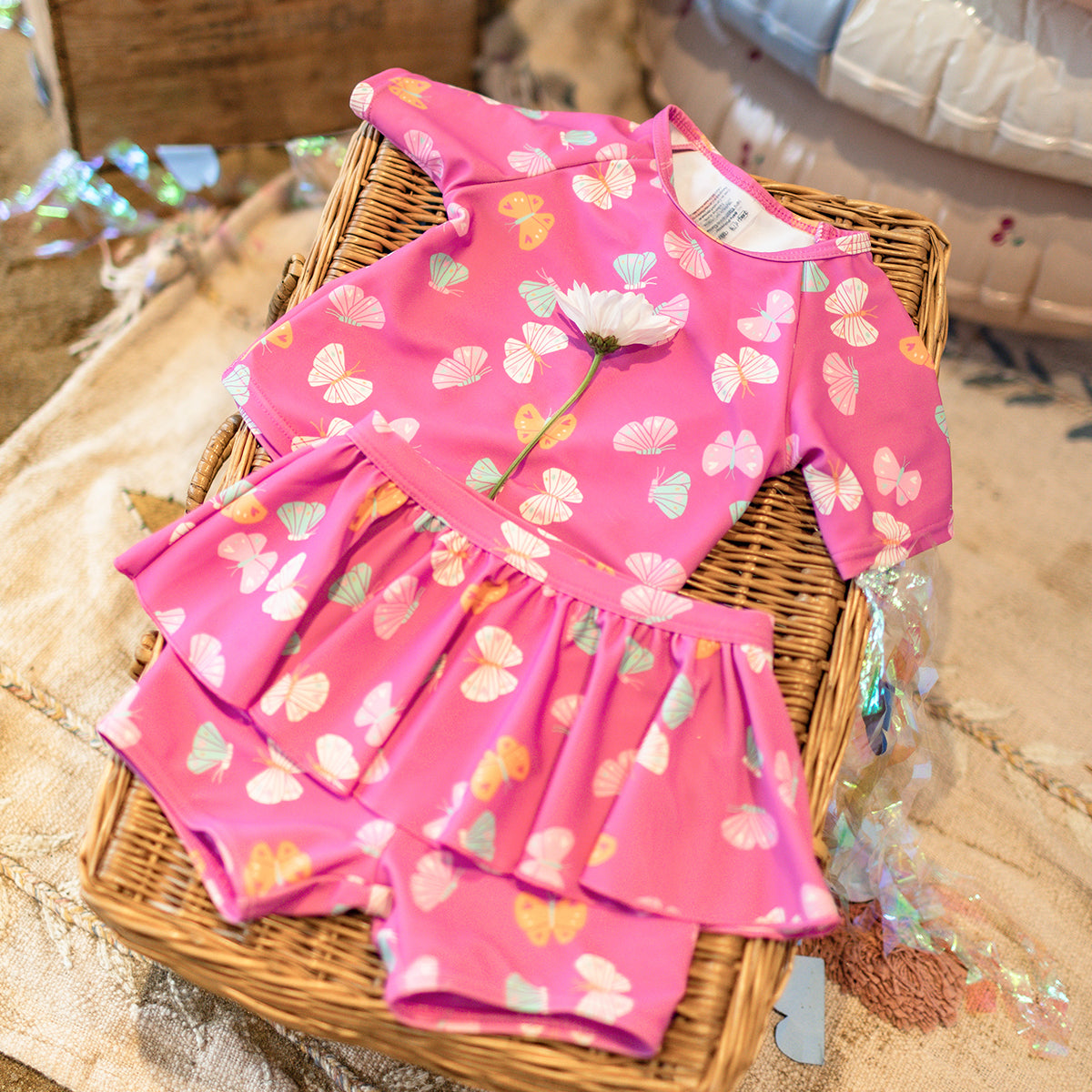 Pink two-piece butterfly-print swimsuit, baby