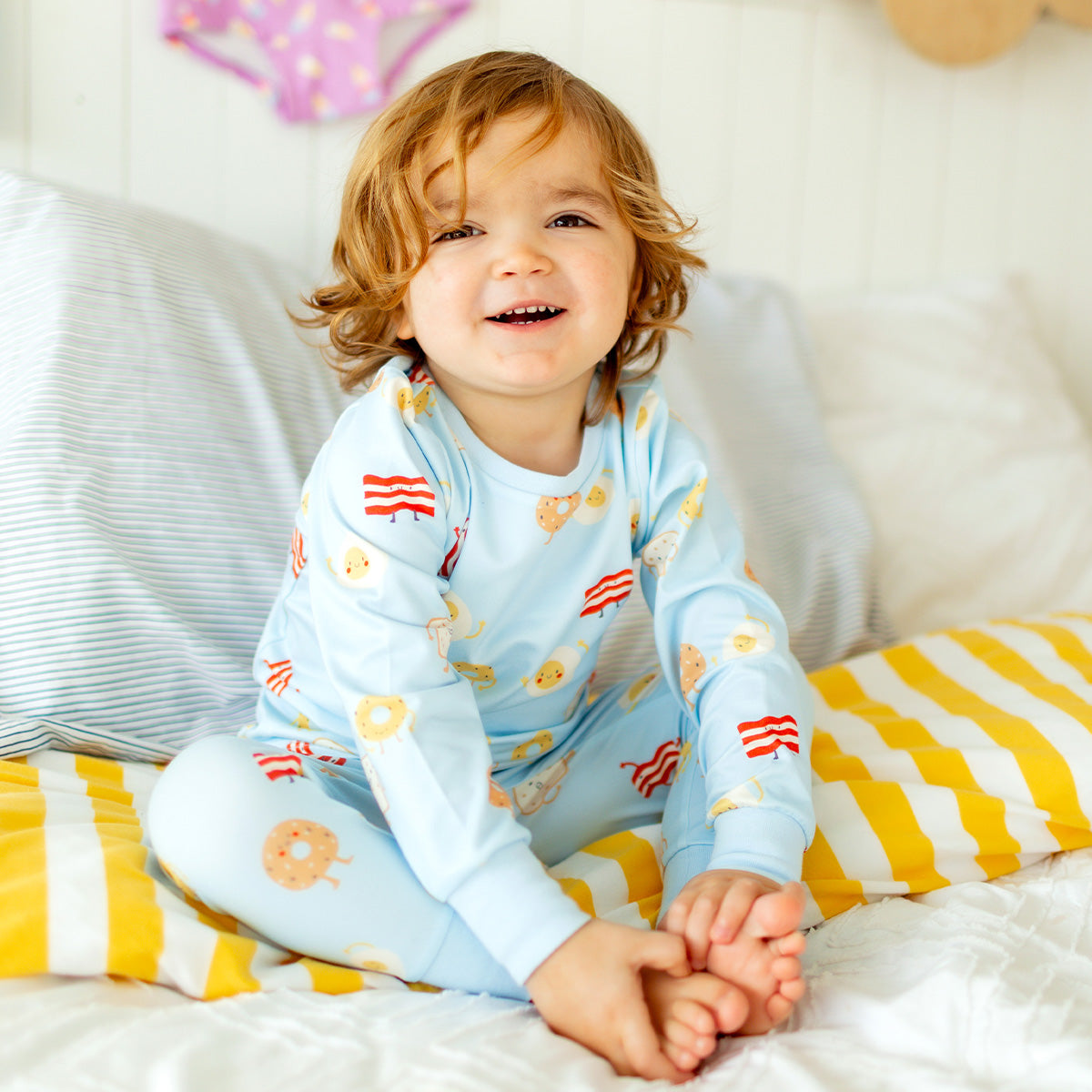 Blue two-piece pajamas with breakfast all over print, baby 