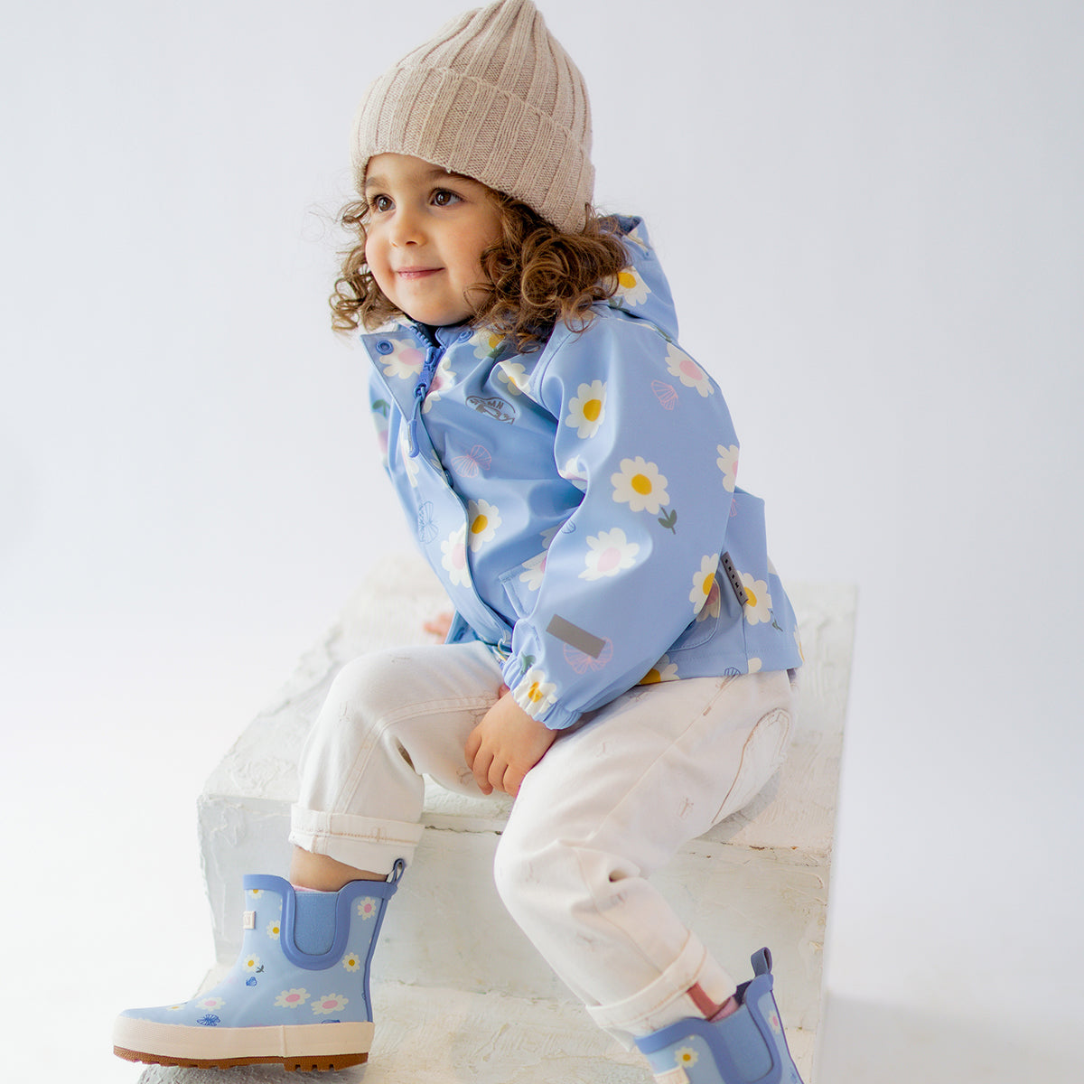 Light blue raincoat with flower and butterfly prints, baby 