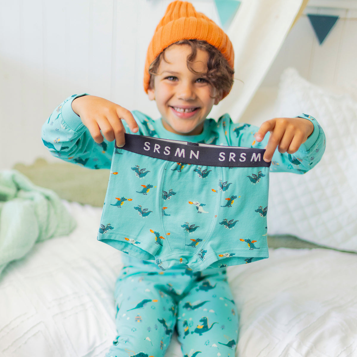 Turquoise fitted boxer briefs with dragon pattern, child