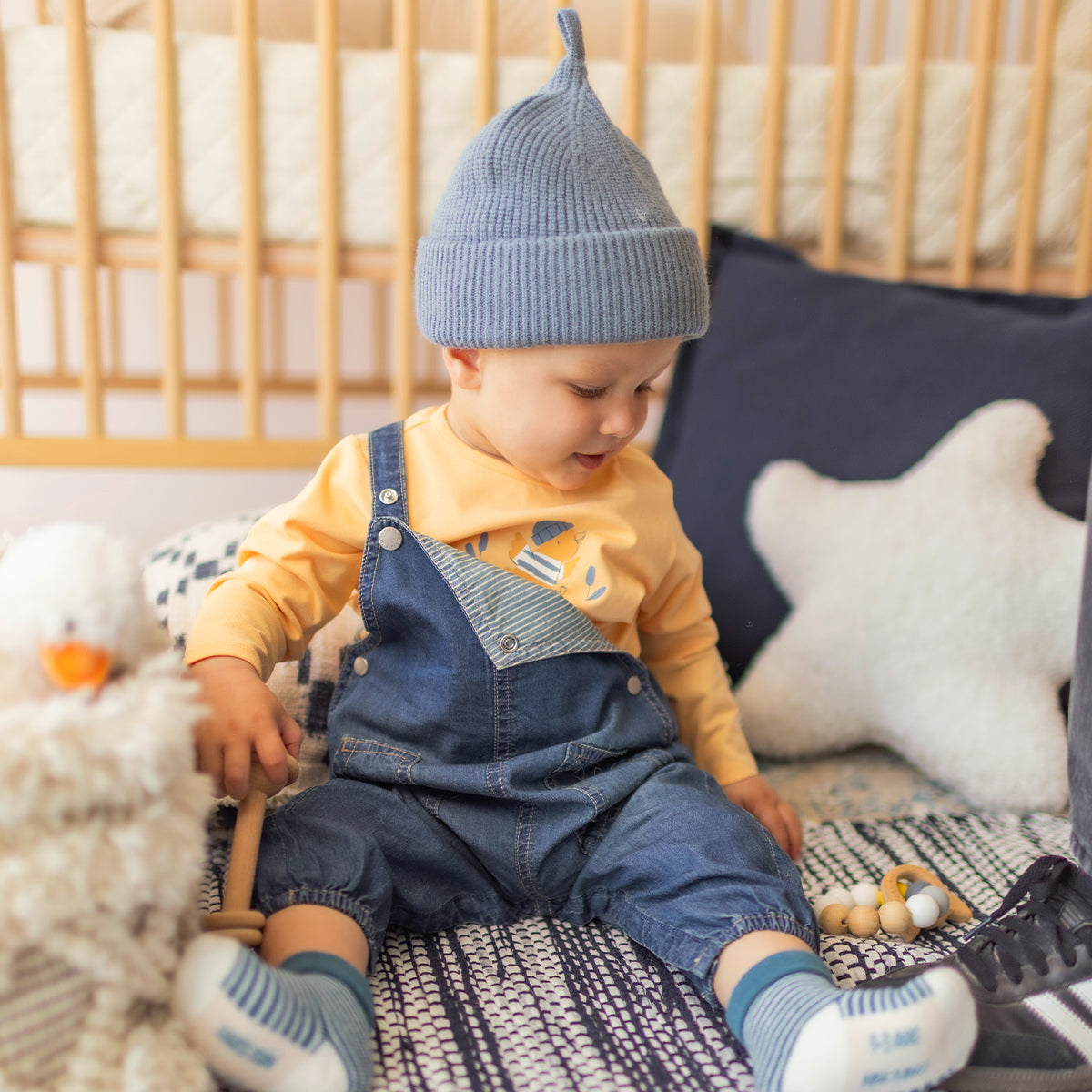 Blue denim overalls, newborn